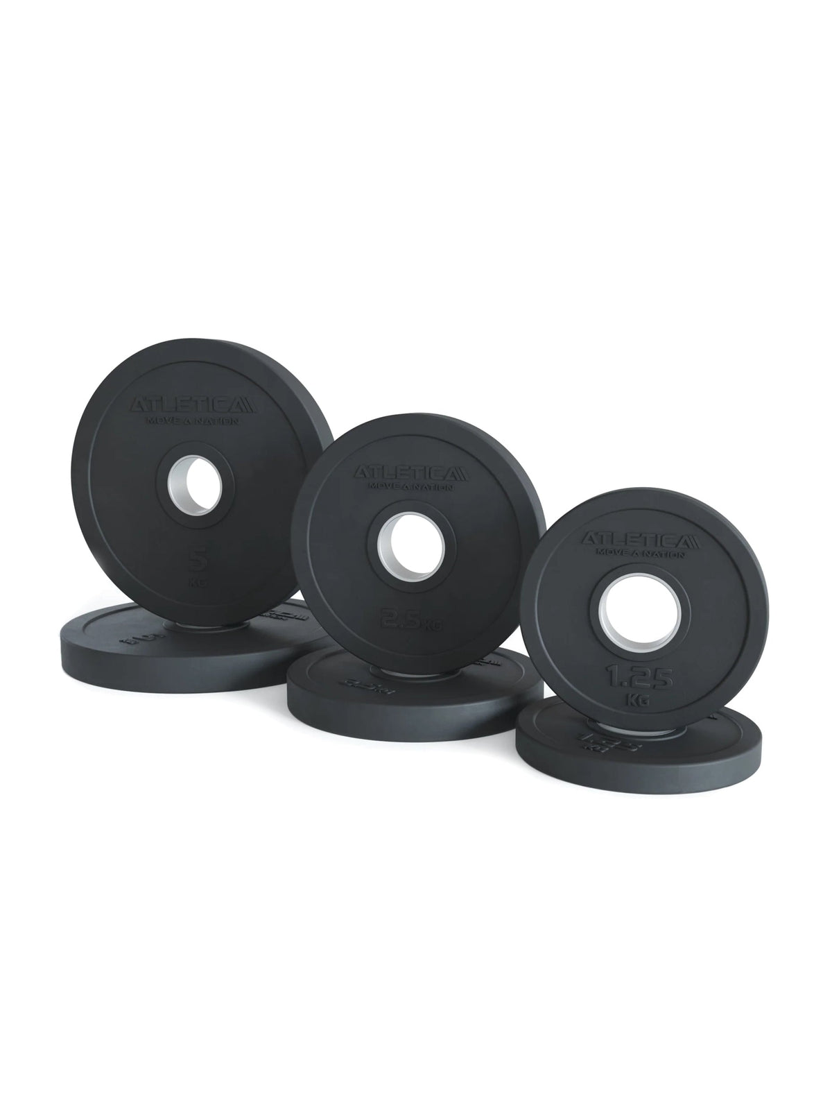 Atletica Rubber Plates, three black pairs from 2.5 to 10 lb, angled view