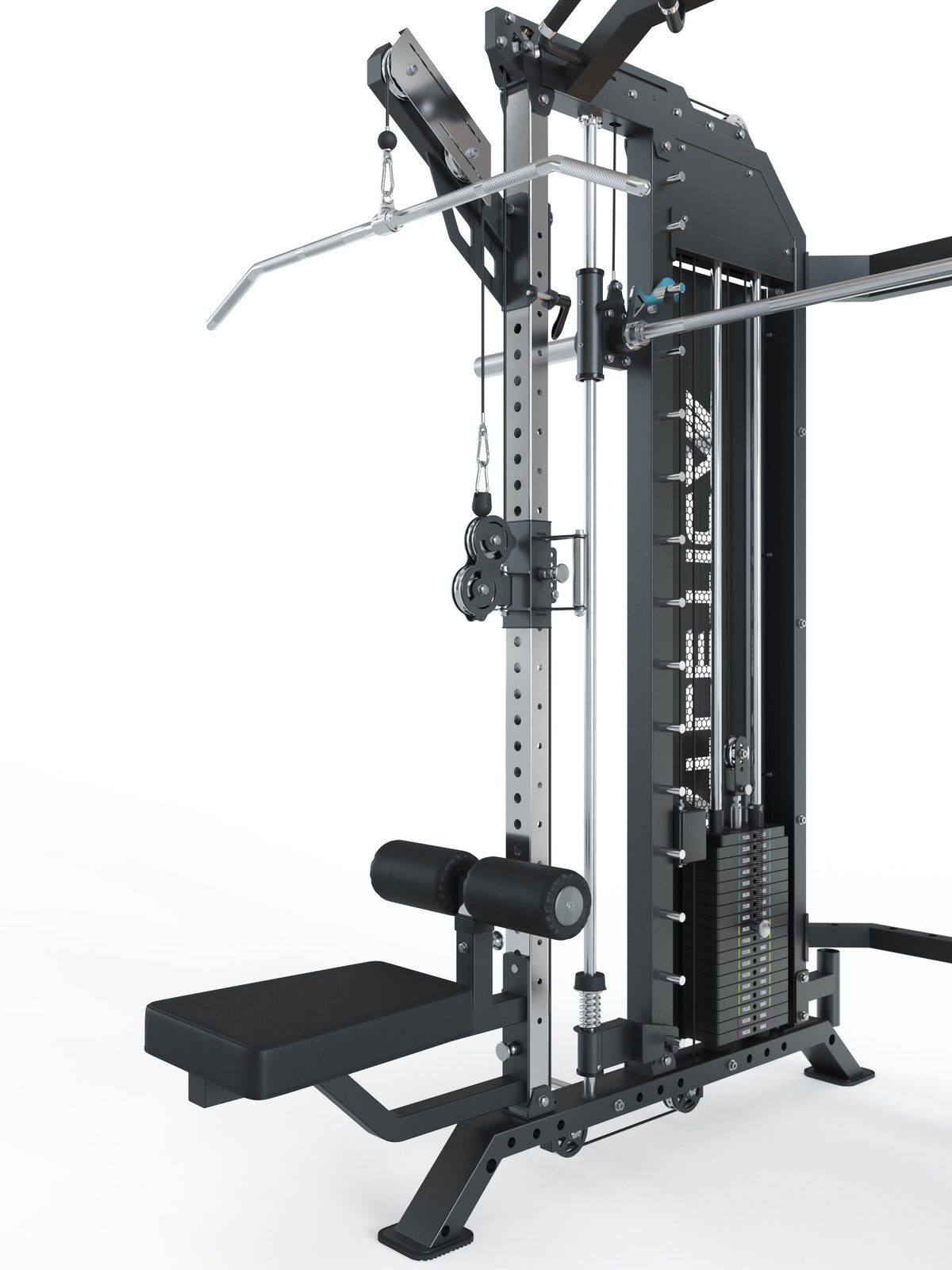 Hellraiser Home Gym with lat pulldown, cable pulley, weight stack, padded leg support