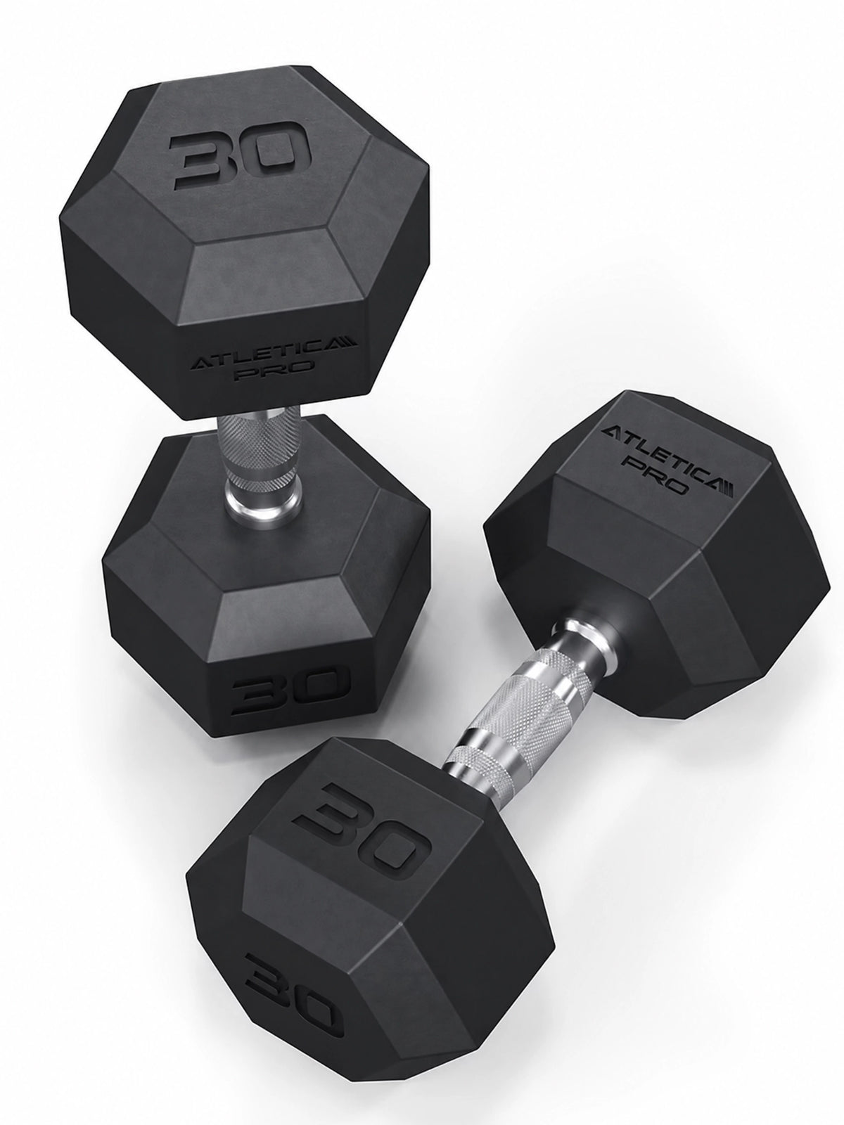 Hexagon PRO Dumbbells - Hexagonal Dumbbells 30 lb Pair, Black Rubber Coating, Silver Handles