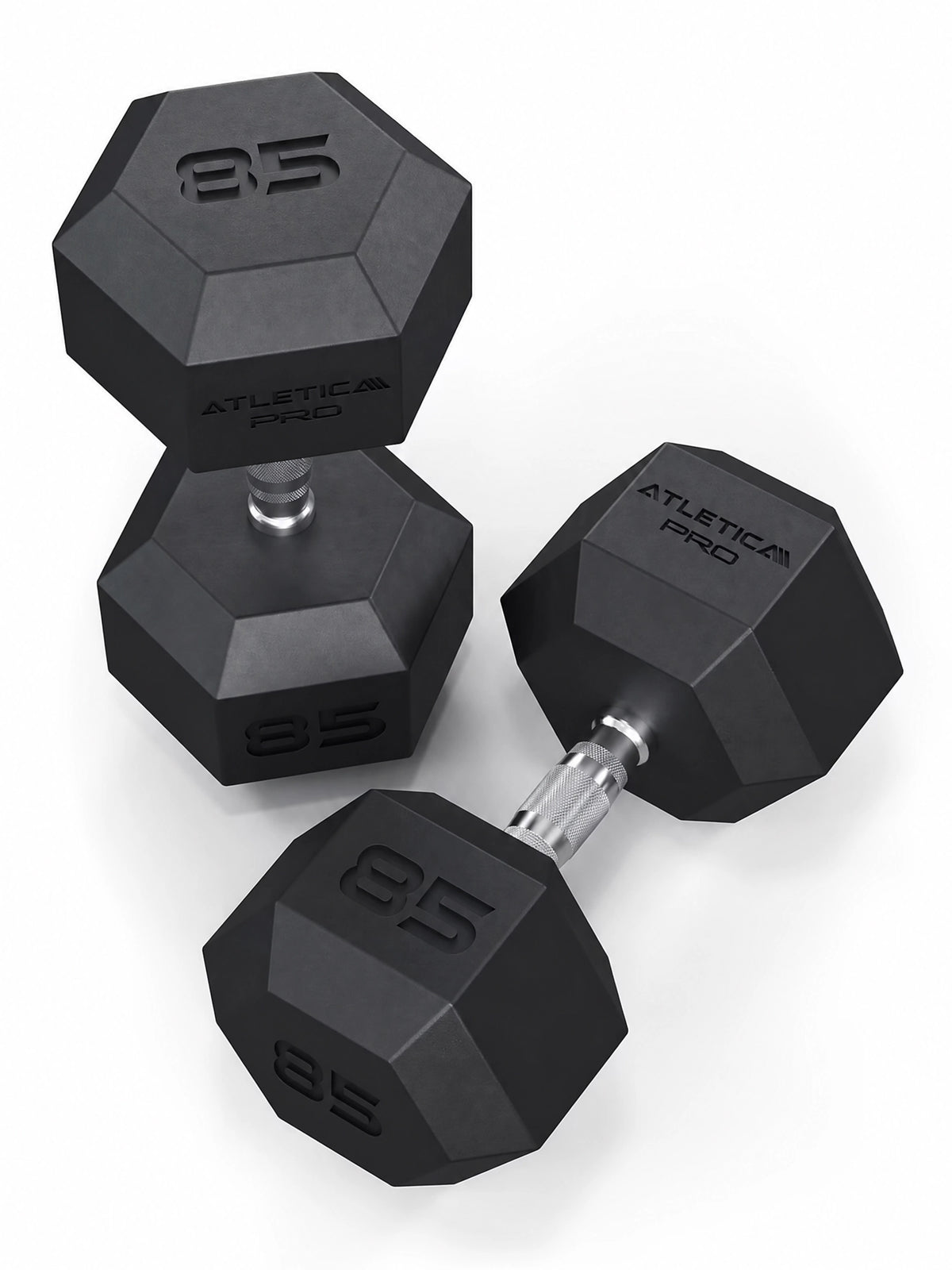 Hexagon PRO Dumbbells - hexagonal dumbbells, weight 85 lb, black design, knurled grips