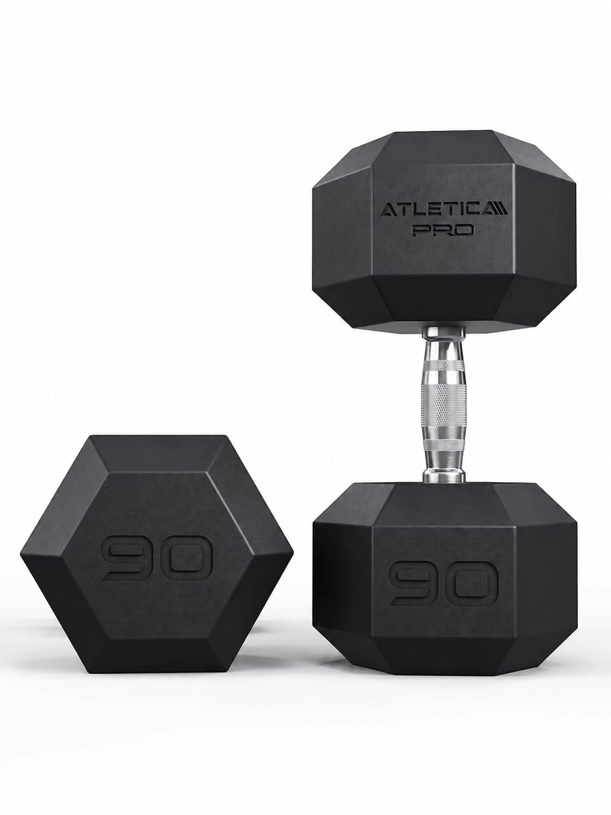 Hexagon PRO Dumbbells - hexagonal dumbbells 90 lb, one standing, one lying