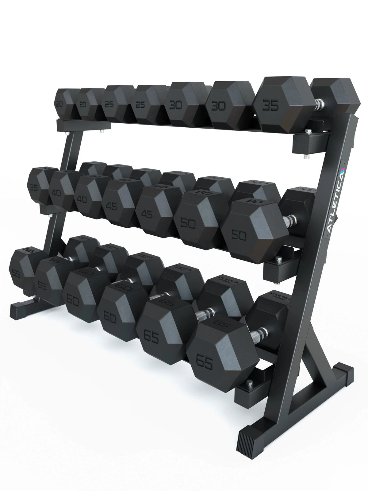 Hexagon Dumbbells PRO - black dumbbell rack with hexagonal dumbbells in various weights