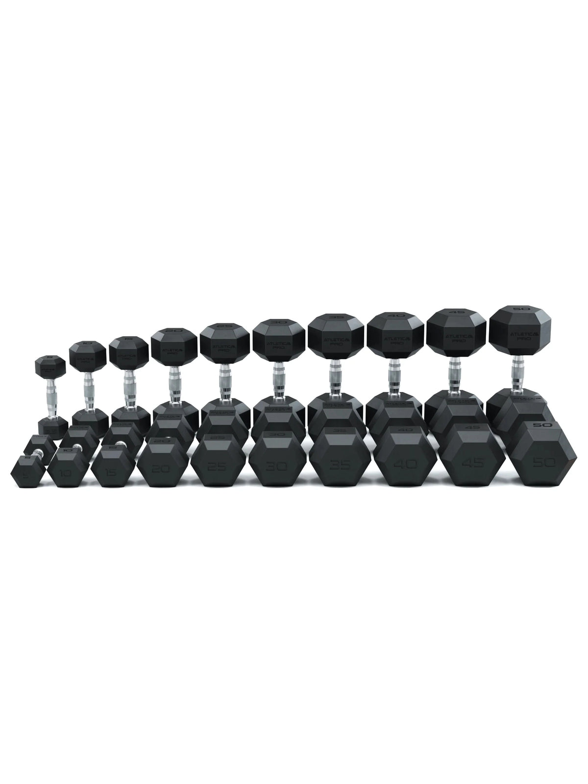 Hexagon Dumbbells PRO - Black Hexagonal Dumbbells in a Row, Weights from 5 to 50 lb, Silver Handles