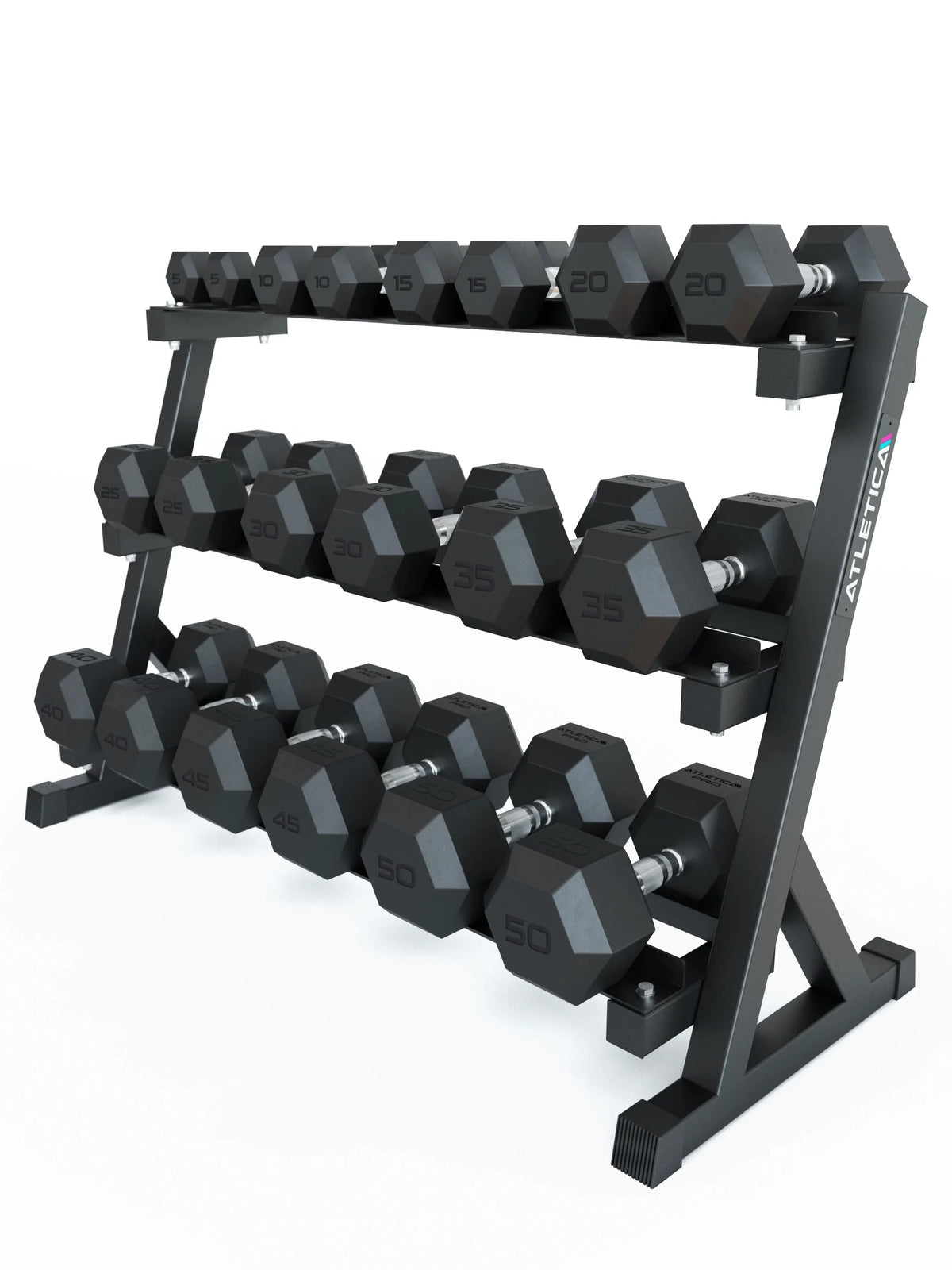 Hexagon Dumbbells PRO Set 5 - 50 lb - dumbbell set on three-tier dumbbell stand, made of polyurethane