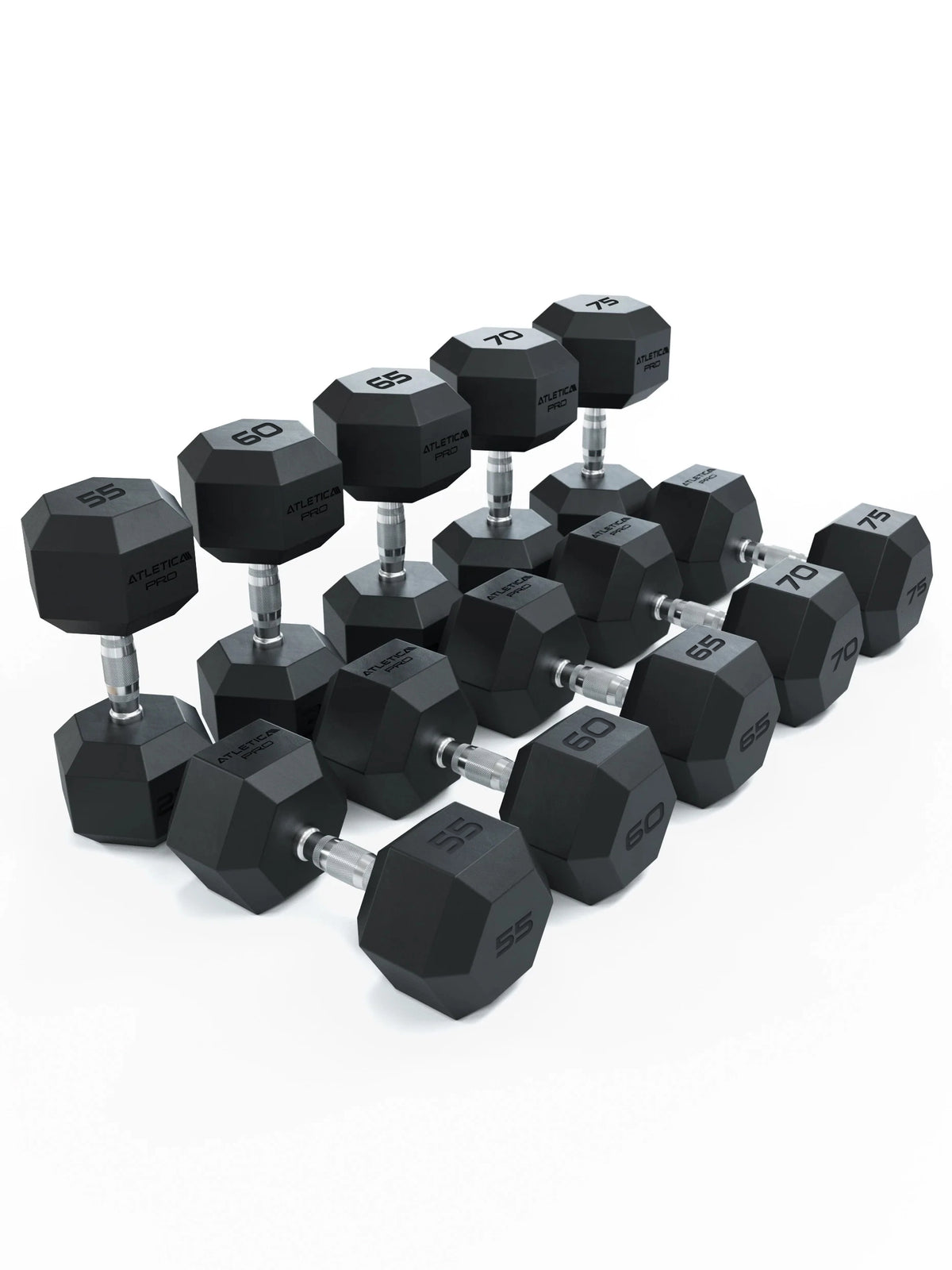 Hexagon Dumbbells PRO - black hexagonal dumbbells in various weight levels, silver handles