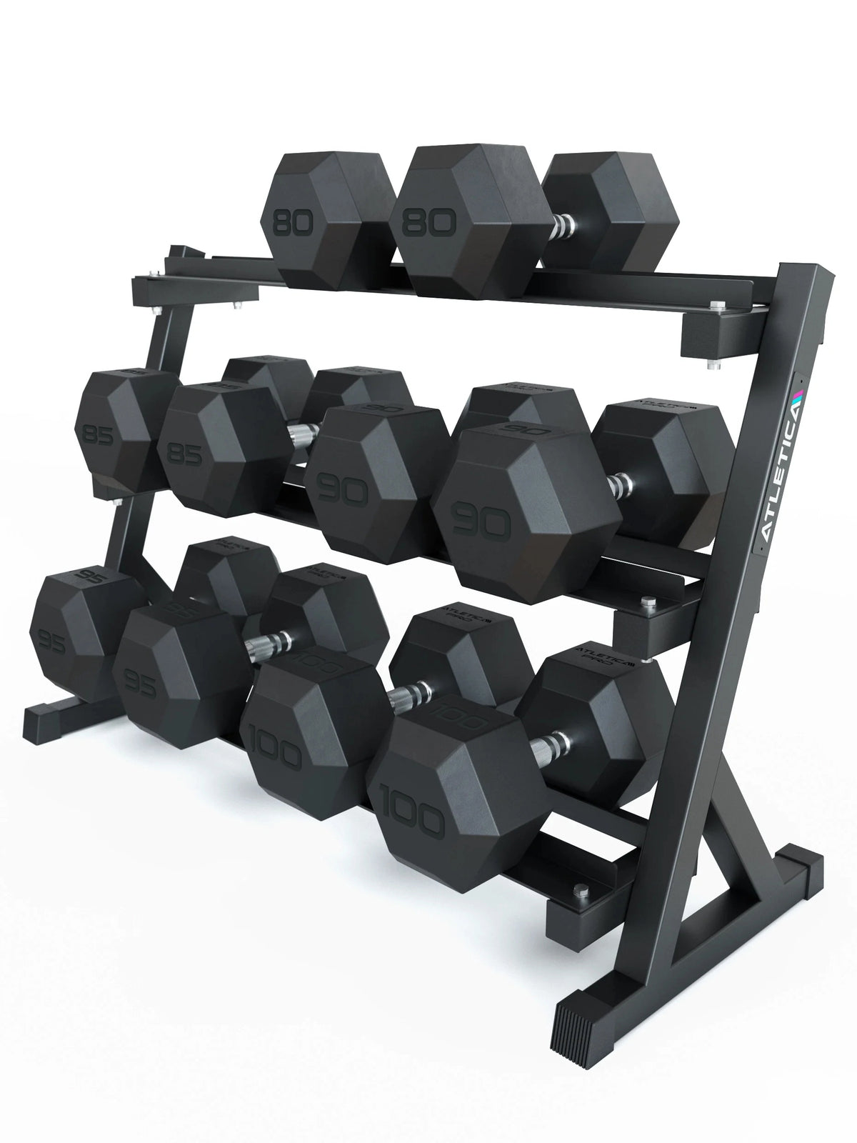 Hexagon Dumbbells PRO - Black Hexagonal Dumbbells on Dumbbell Stand, Weights 80-100 lb