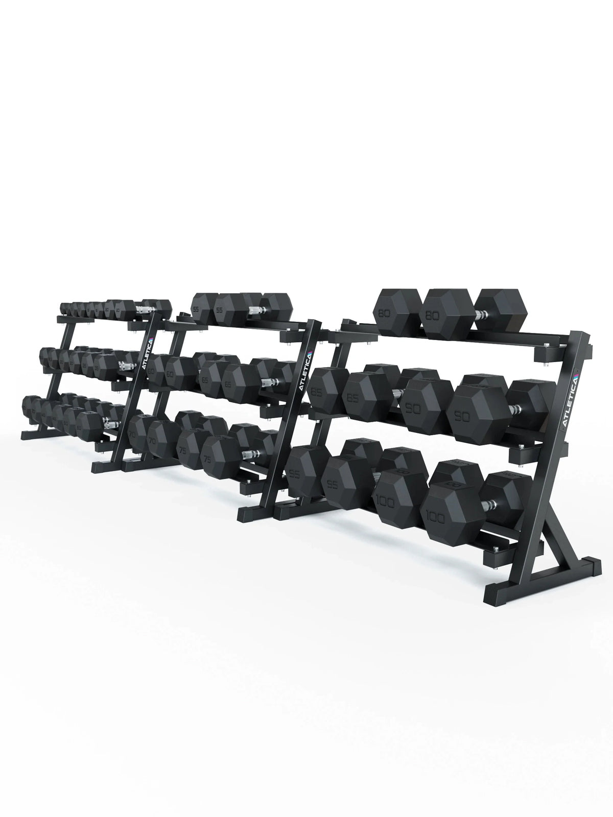 Hexagon Dumbbells PRO - black hexagonal dumbbells on dumbbell stands