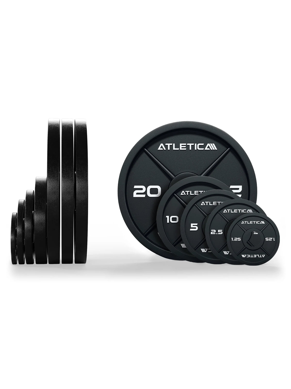 Atletica iron plates set 259 lb, plates lined up in side and front view