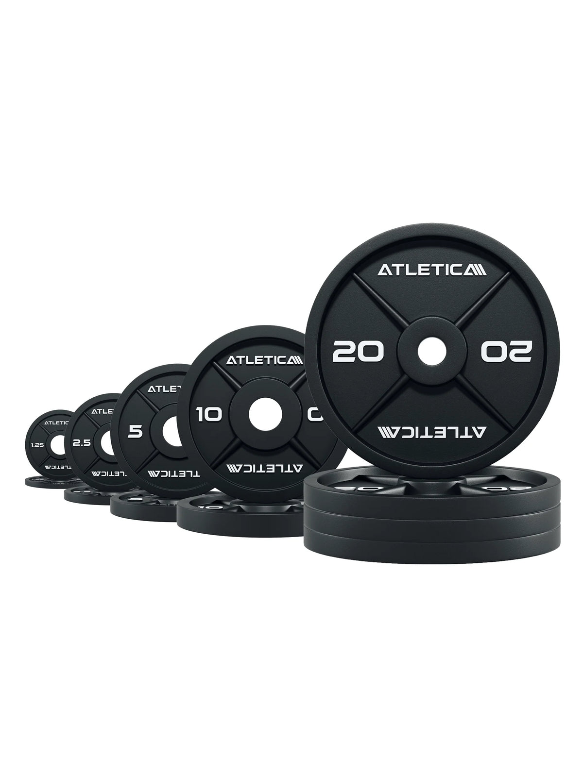 Atletica iron plates set 259 lb, plate pairs stacked by size