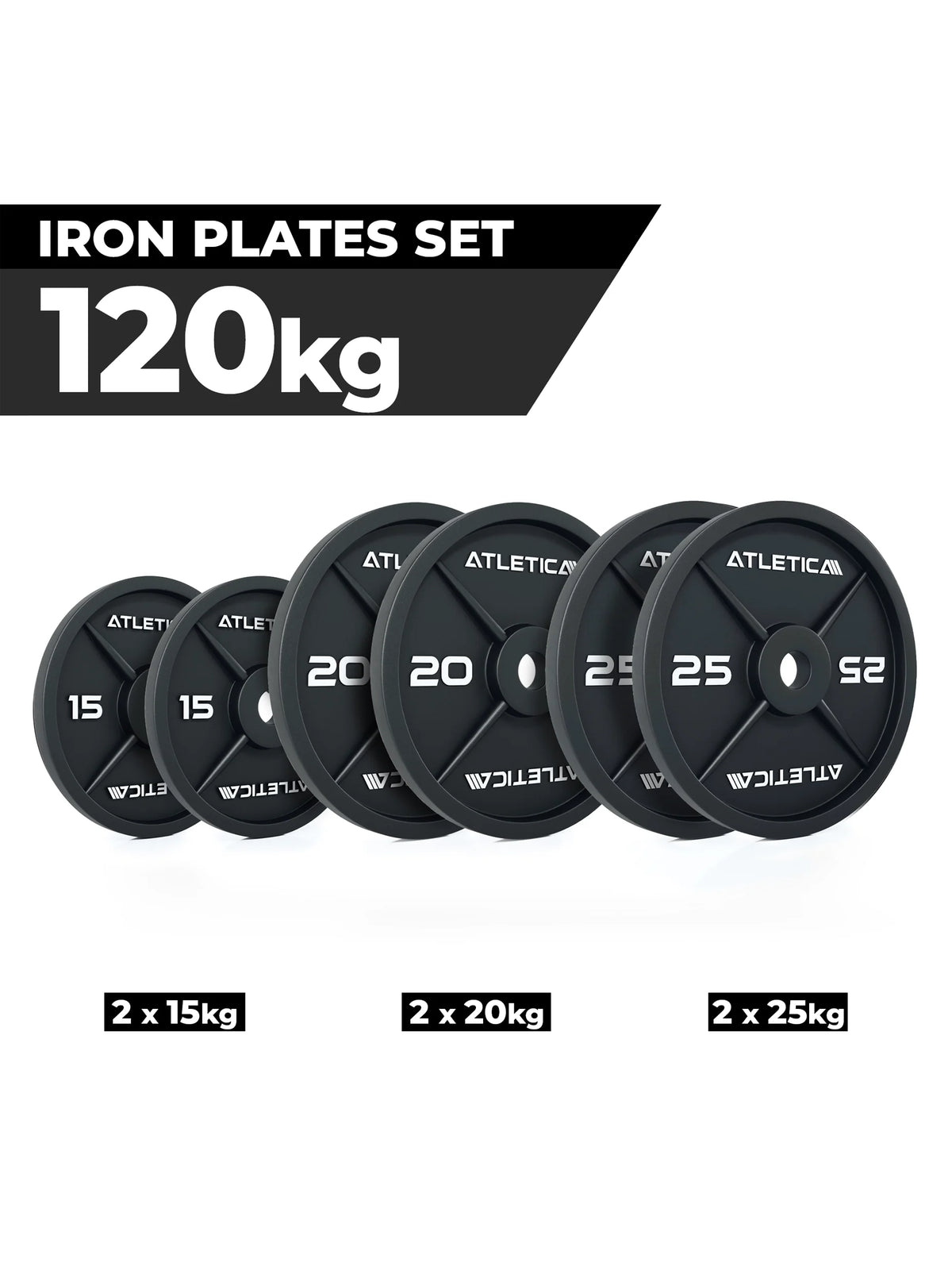 Atletica iron plates set 265 lb graphic: 2 each of 33, 44 and 55 lb plates