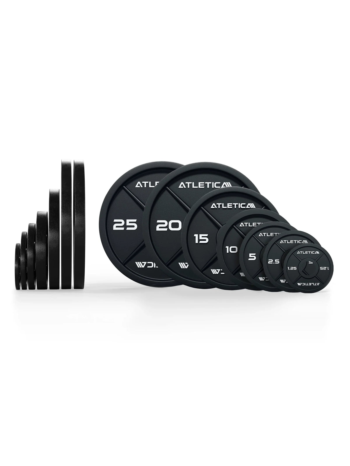 Atletica iron plates set 347 lb, plates lined up in side and front view