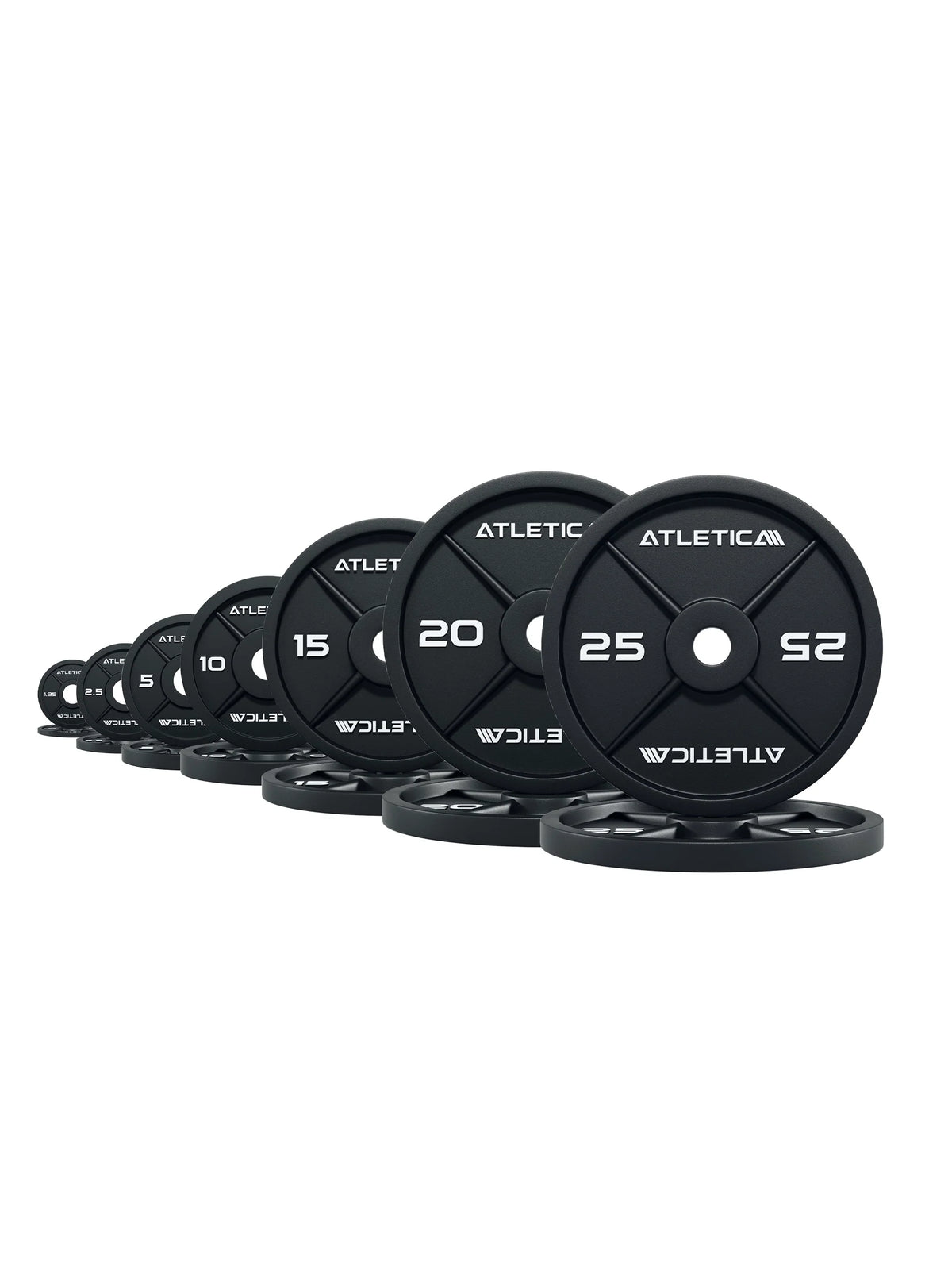 Atletica iron plates set 347 lb, plate pairs stacked by size