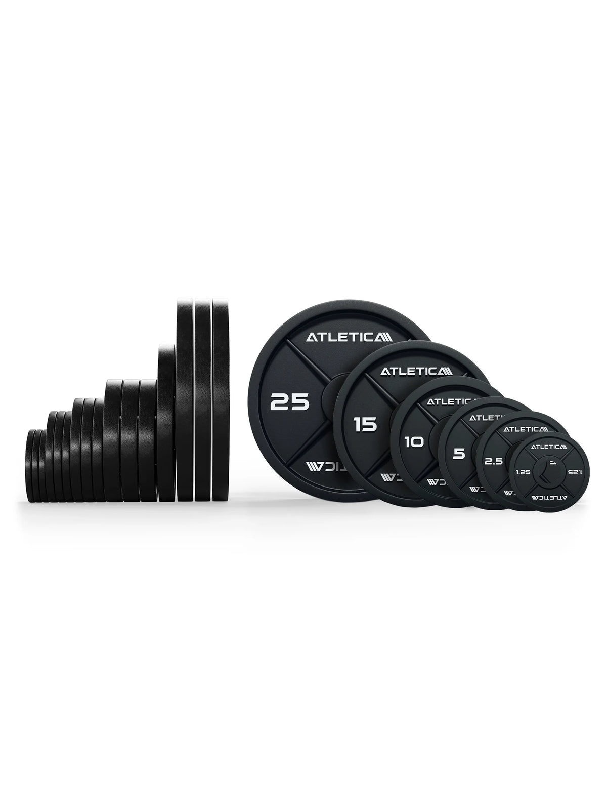 Atletica iron plates set 452 lb, plates lined up in side and front view