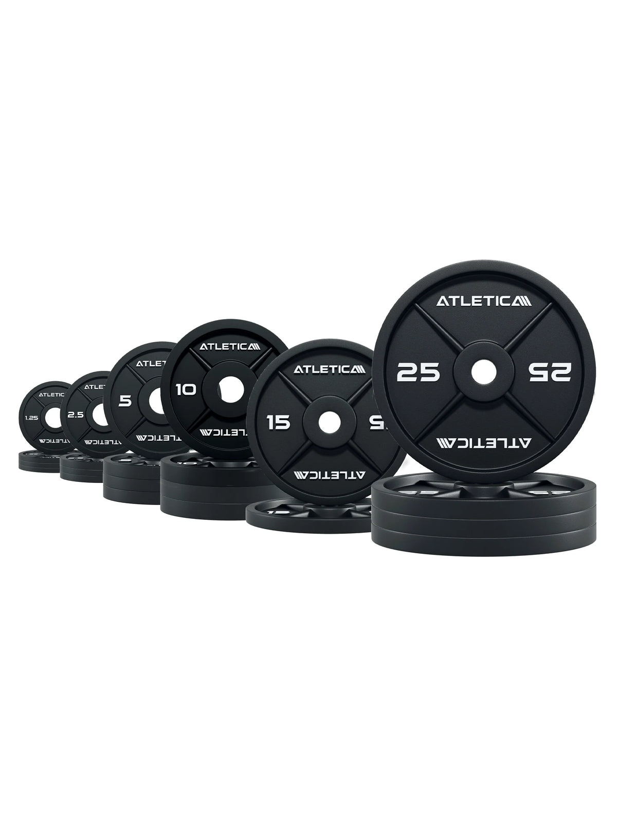 Atletica iron plates set 452 lb, plate pairs stacked by size