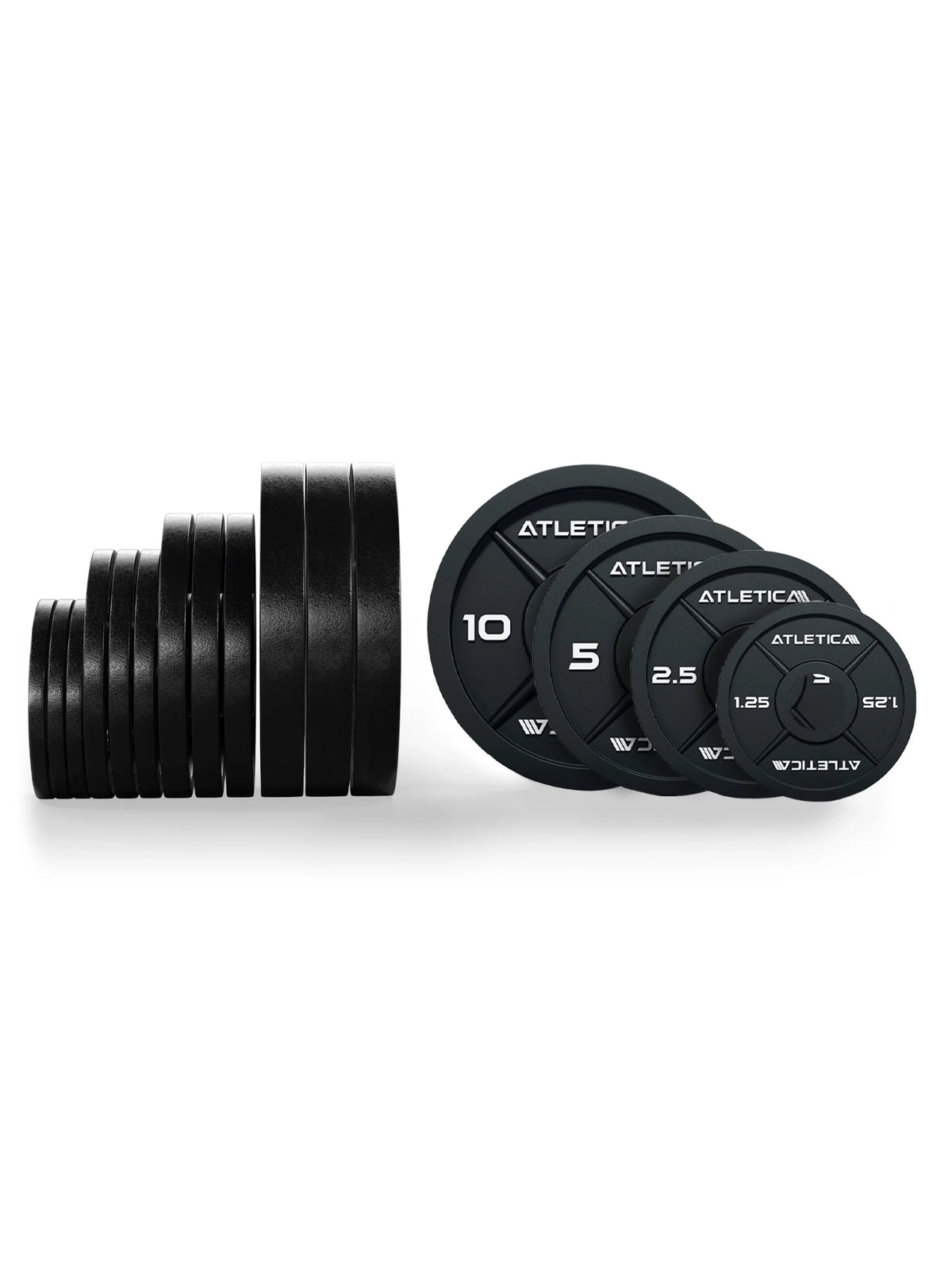 Atletica iron plates set 165 lb, plates lined up in side and front view