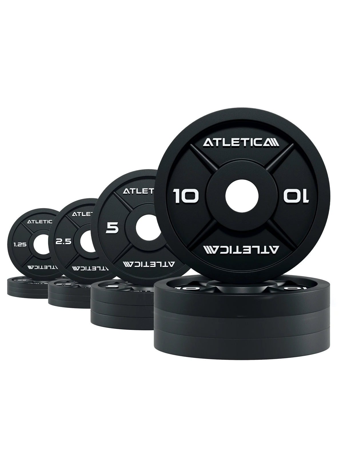 Atletica iron plates set 165 lb, plate pairs stacked by size