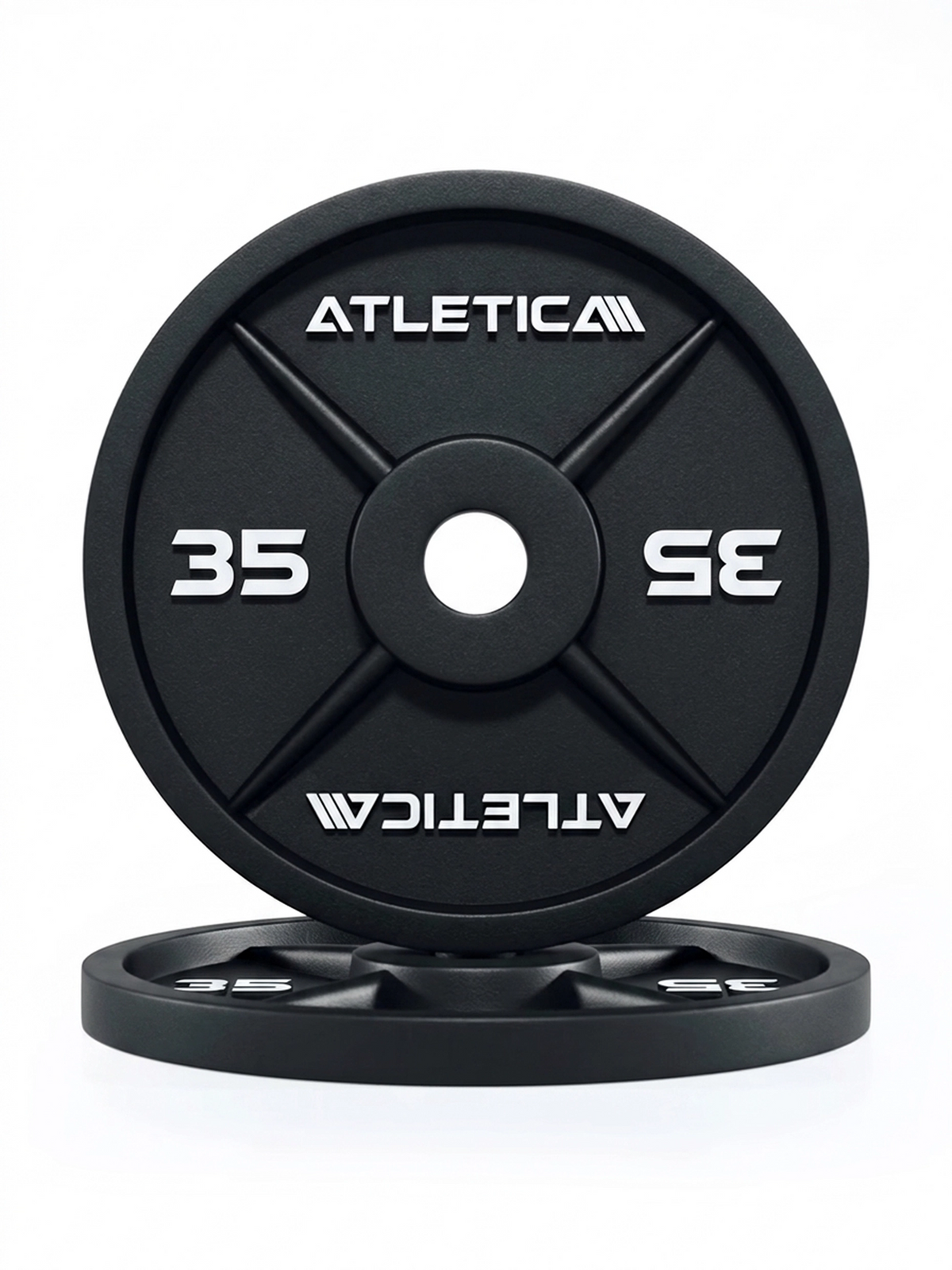 Atletica Iron Plates - two black weight plates, 35 lb each, made of Cast Iron