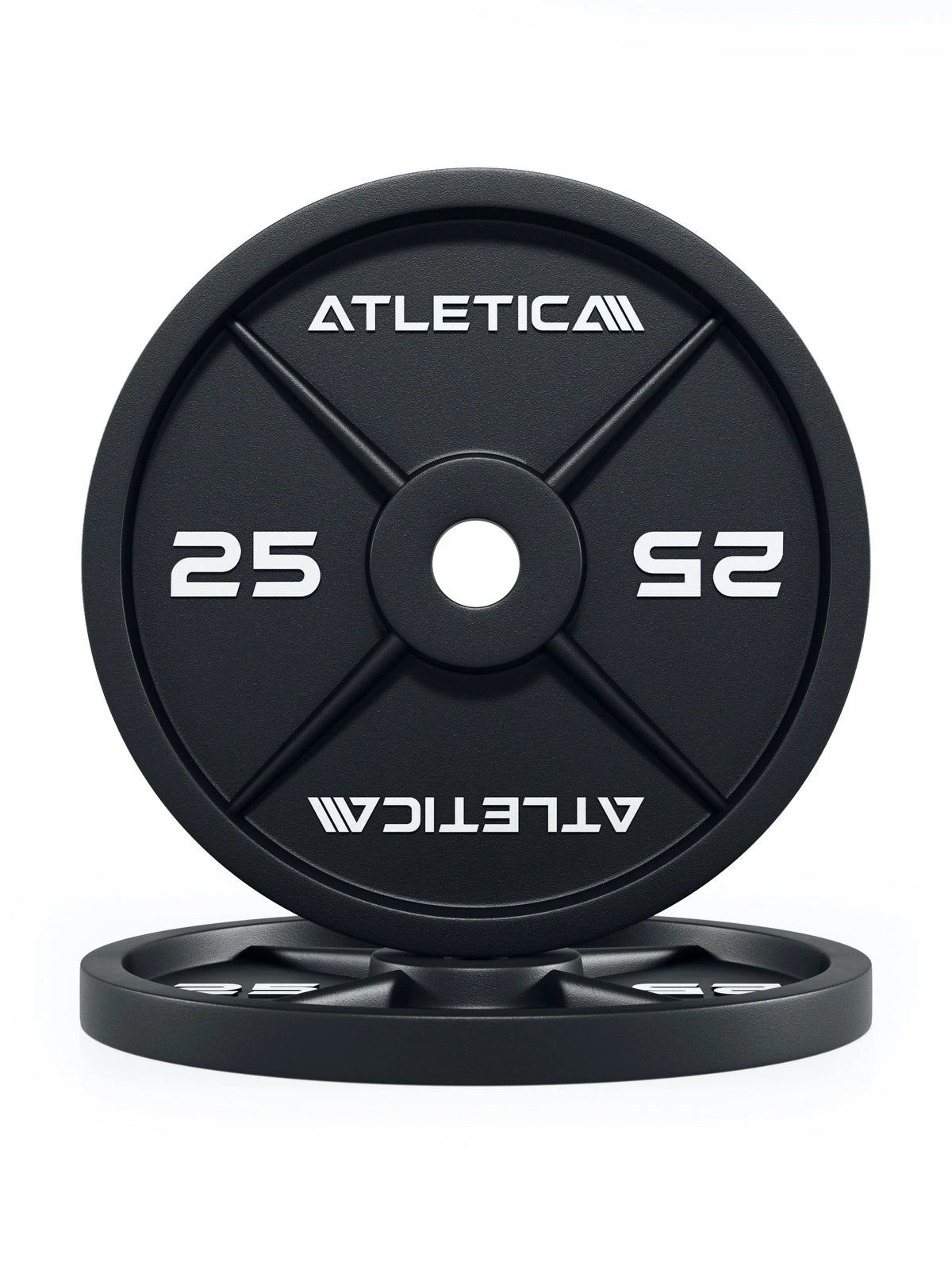 Atletica iron plates 55 lb, pair stacked, front view