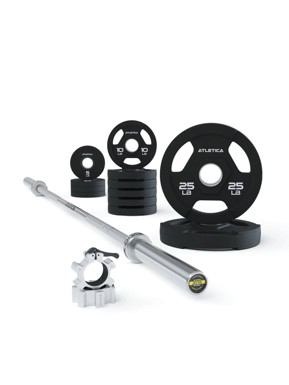 Barbell Set Jota Energy: barbell in chrome with 130 lb Dual Gripper Plates and aluminum collars in silver