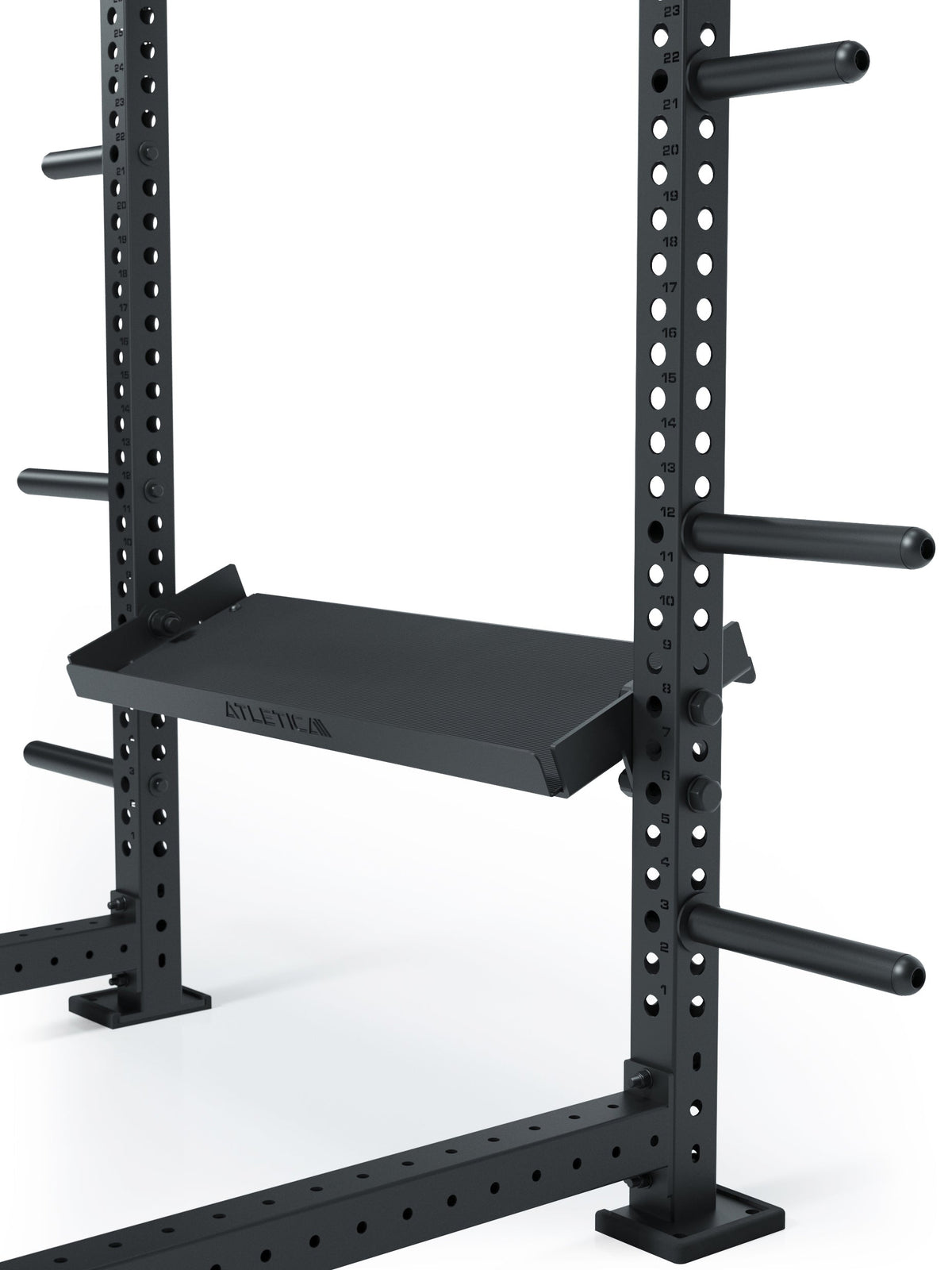 R8 storage on the R8 Power Rack with integrated weight plate holders