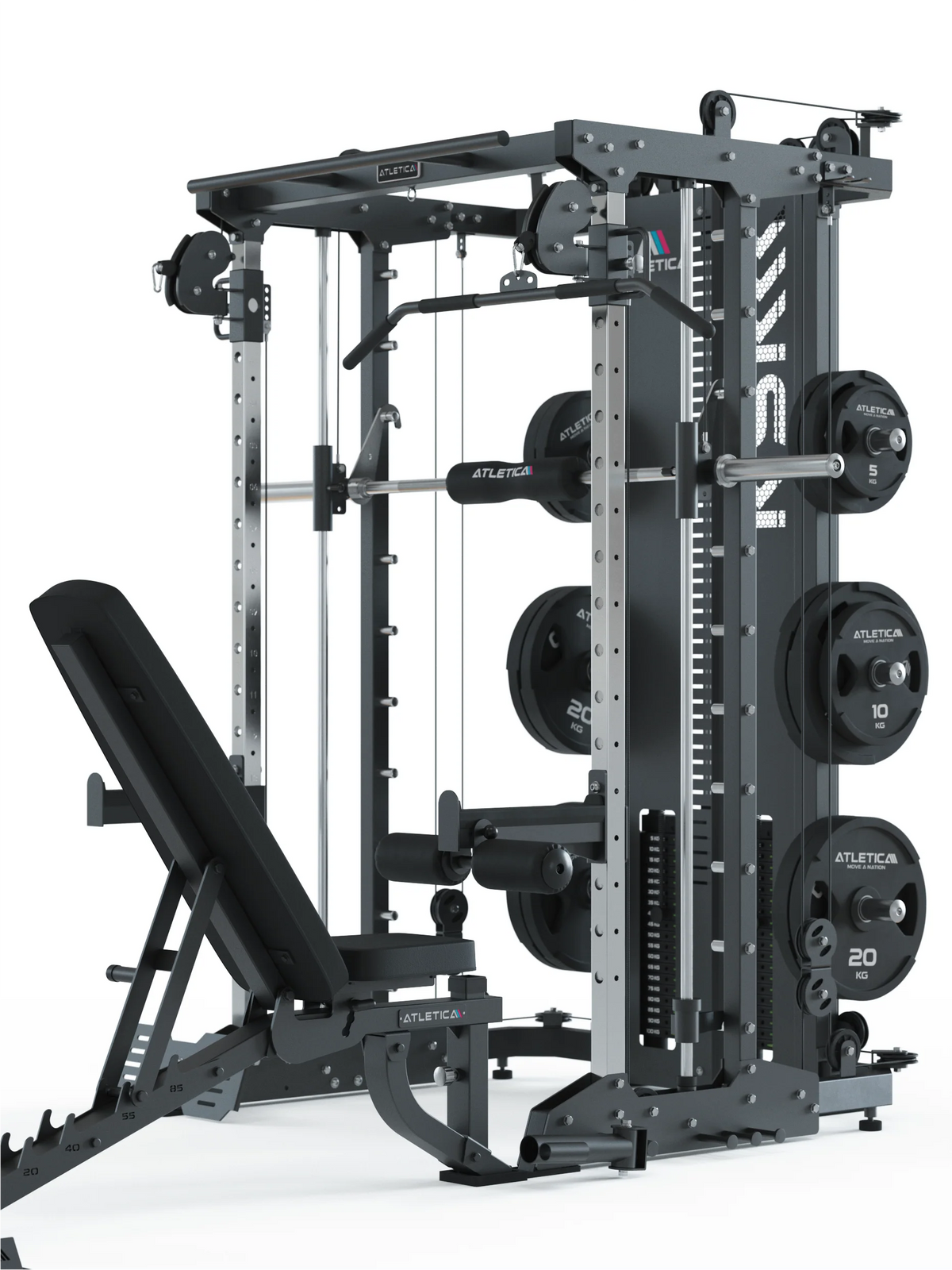 Atletica KSK all-in-one trainer with incline bench and weight plates on storage pins