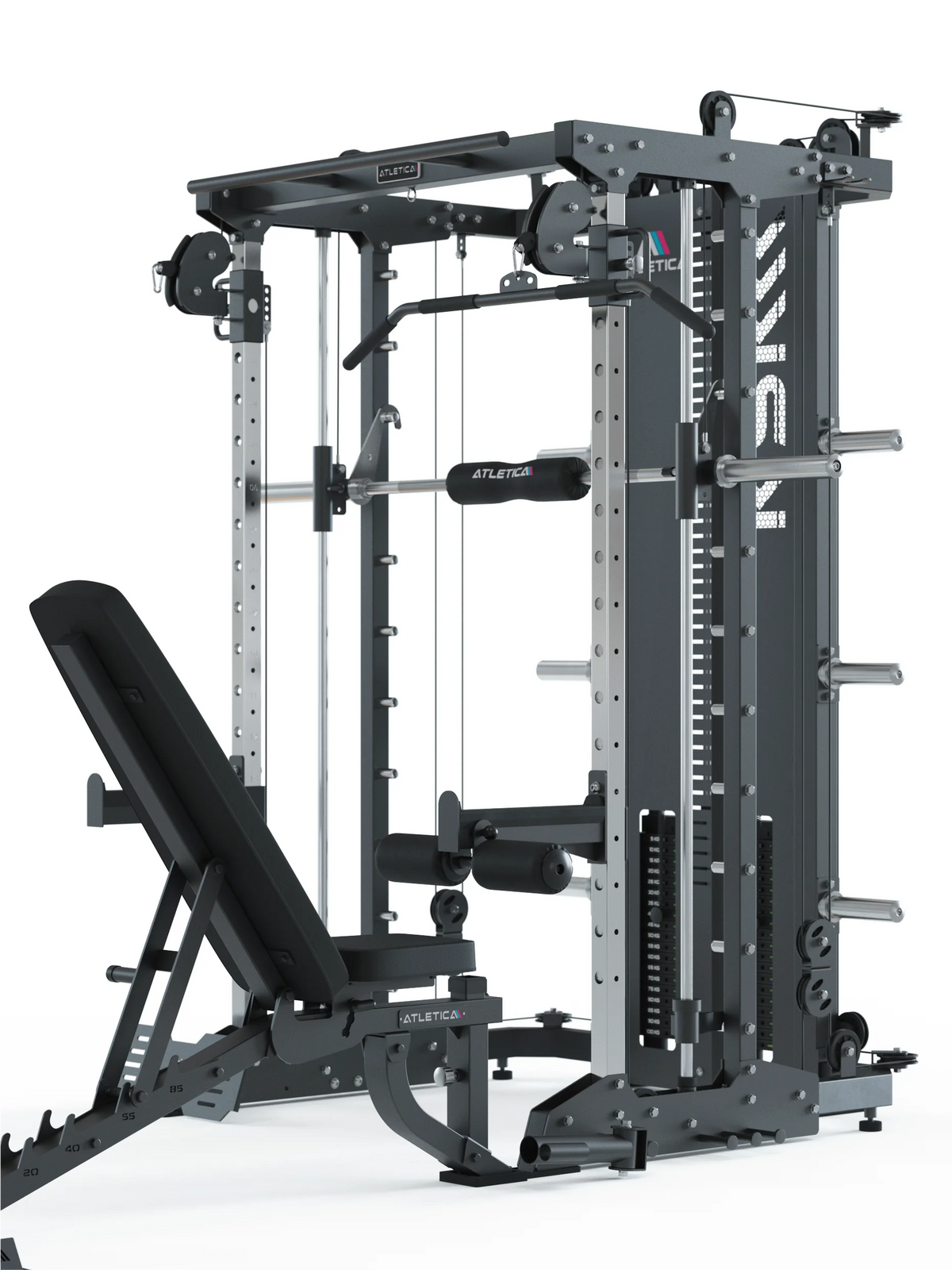 Atletica KSK all-in-one trainer with adjustable bench in incline position, angled side view