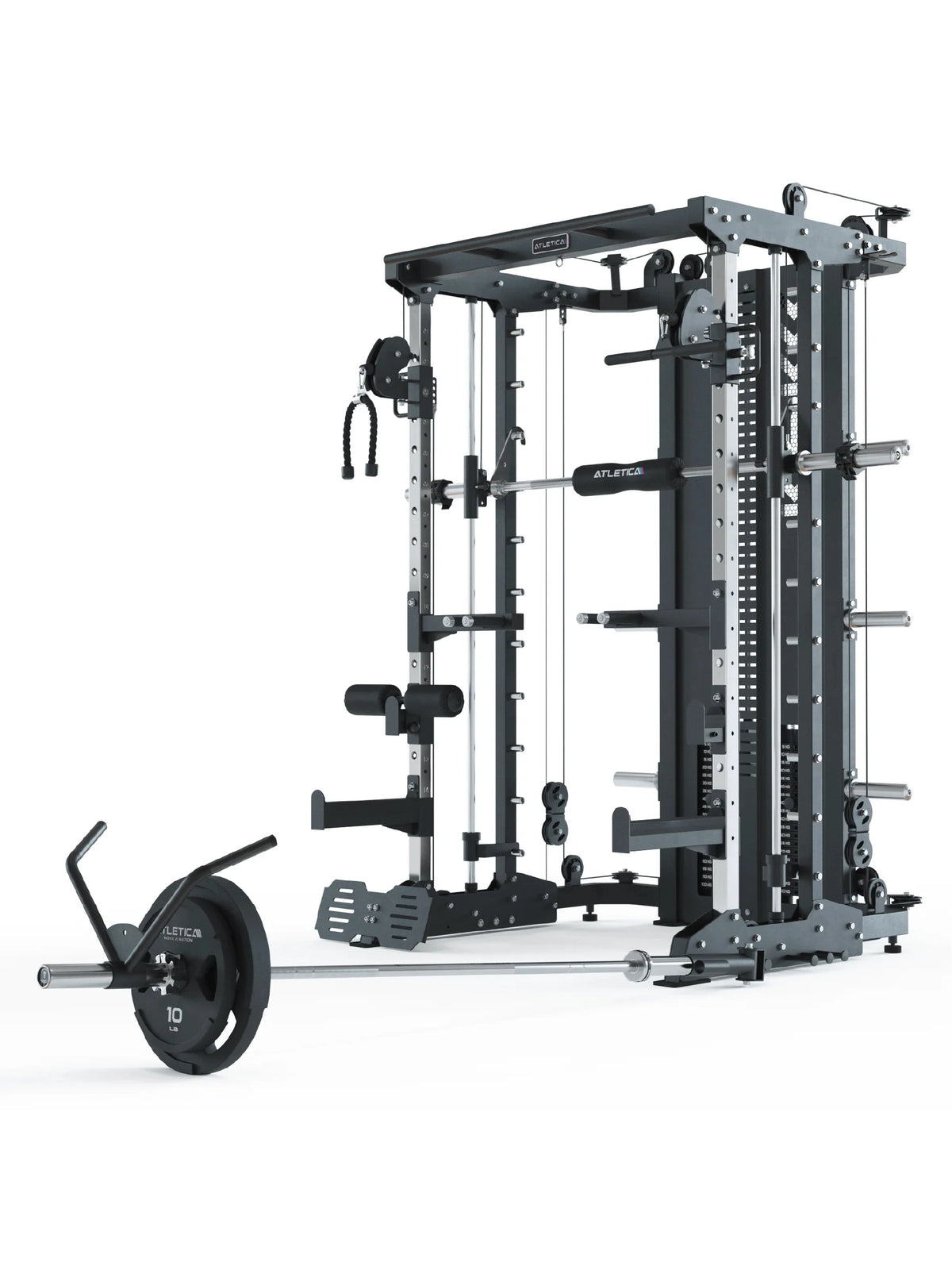KSK - Home gym with Smith Machine, lat pulldown, cable pulley, weight plates, barbell