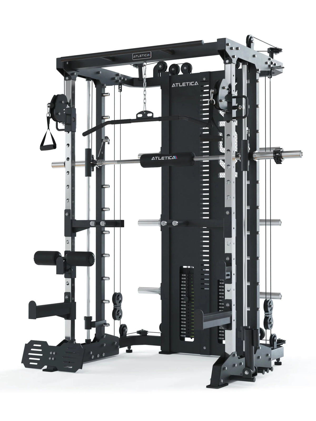 Atletica KSK - Smith Machine with lat pulldown, cable pulley, weight plate holders, padded leg support