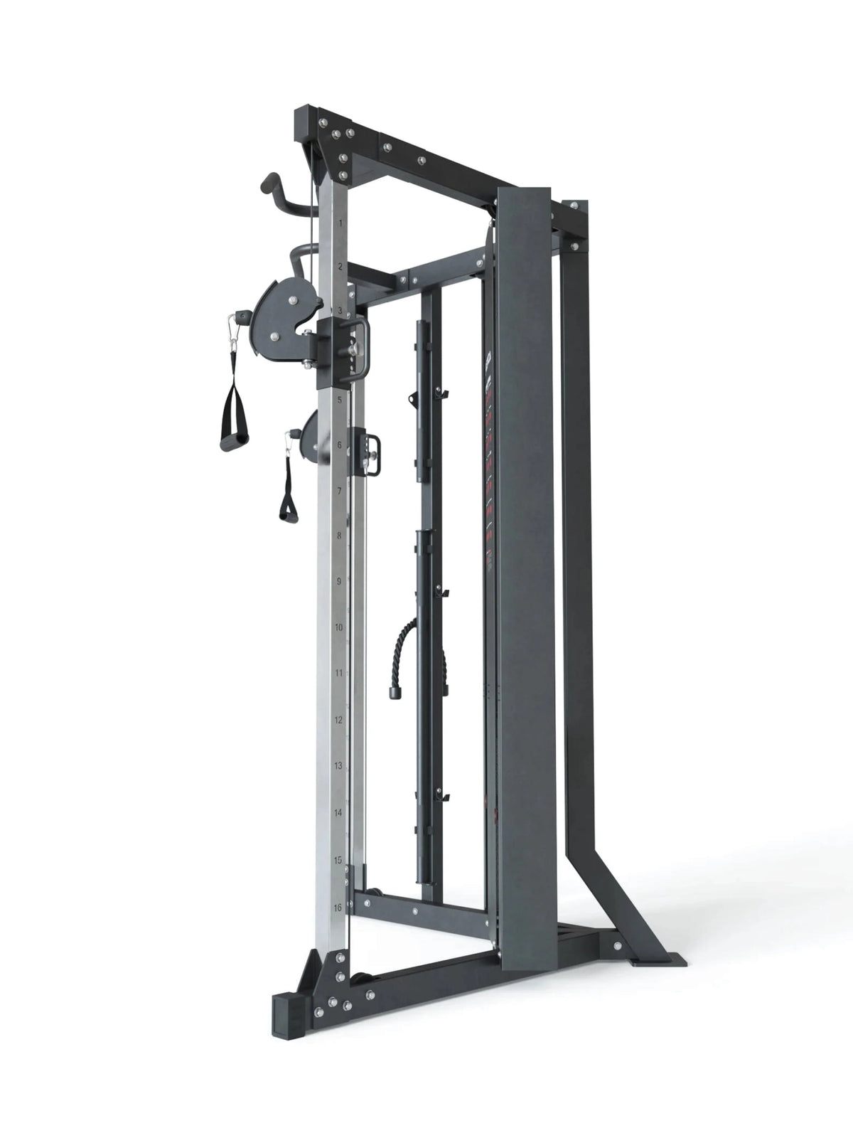 X-Five functional trainer with adjustable cable pulls, two handles, black frame
