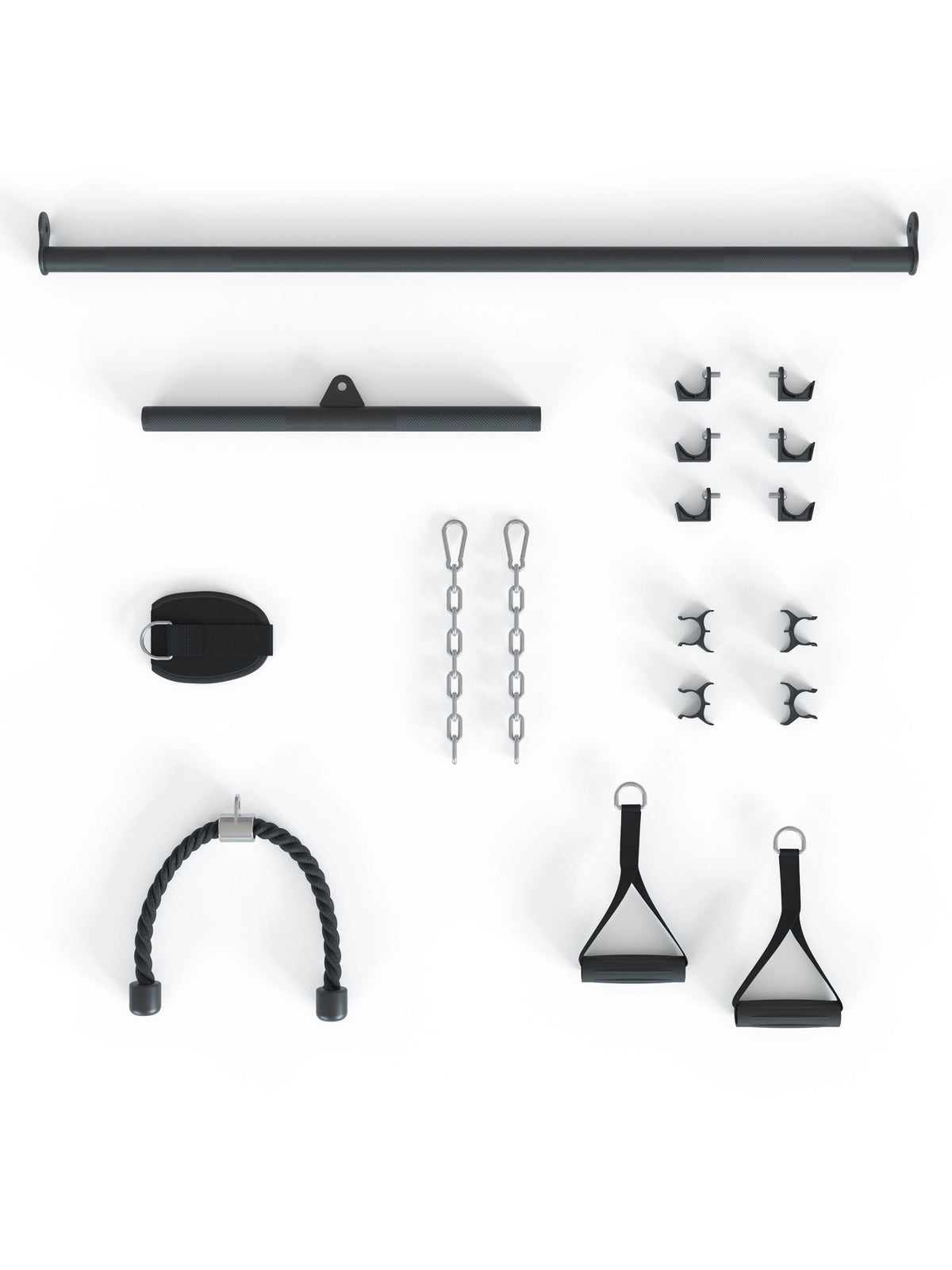 X-Five Functional Trainer Accessories - two pull-down bars, rope handle, foot strap, carabiner, chains, hooks, handles