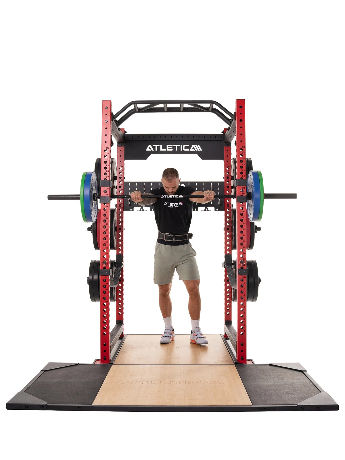 Deadlift Platform - Man Performing Squat in the Power Rack, Barbell with Weight Plates