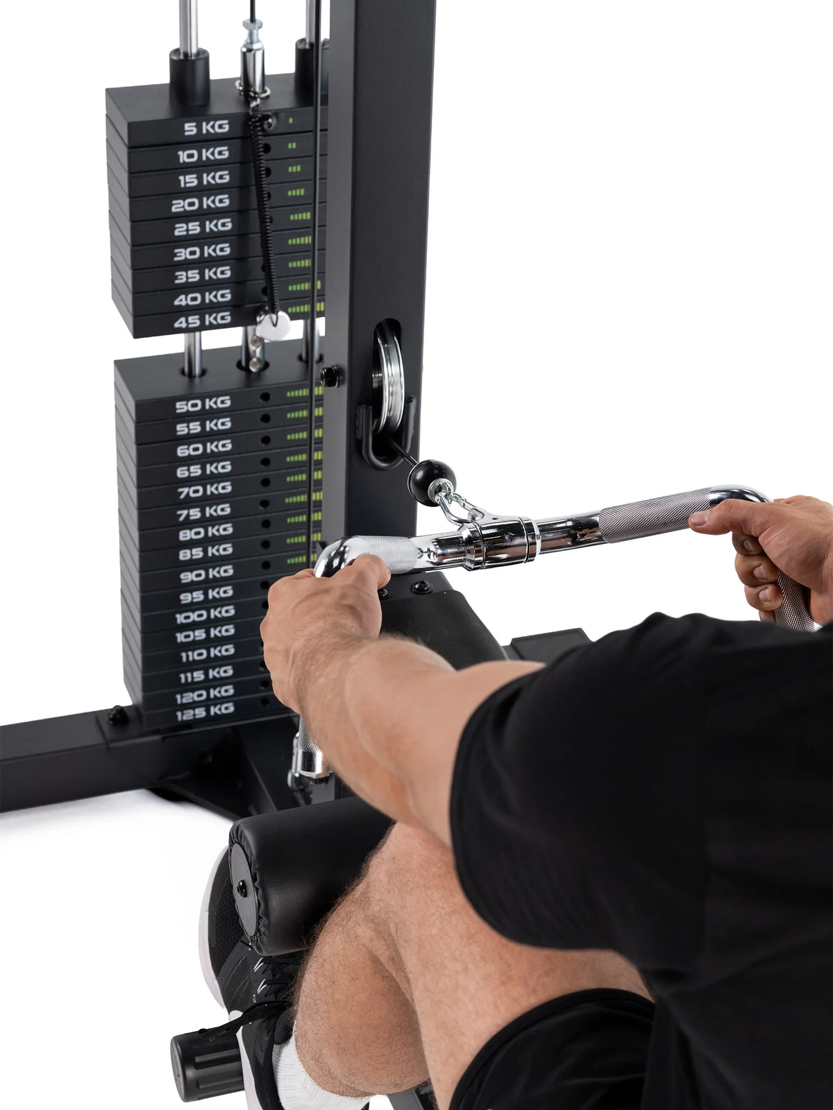 Lat Pulldown with rowing function, 10–275 lb weight stack, Cable Pulley and padded seat bench