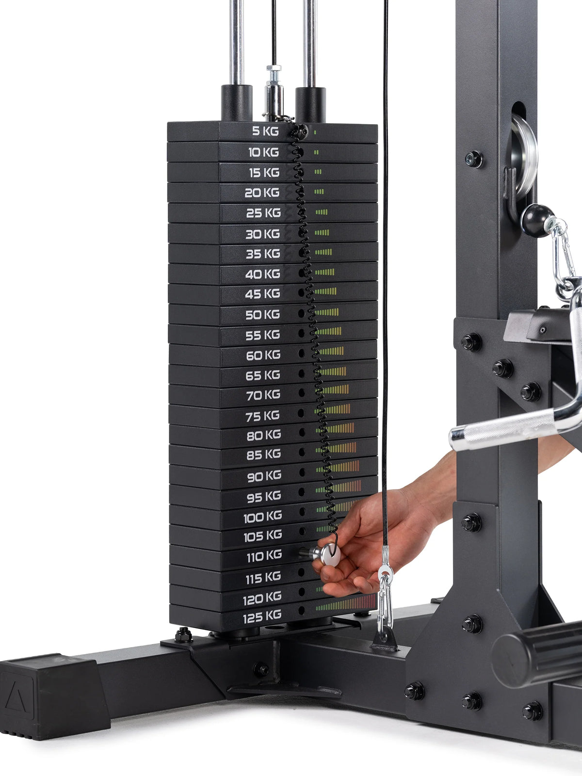 Weight stack with 10–275 lb, weight pin, cable pull and pulley on the lat pulldown machine