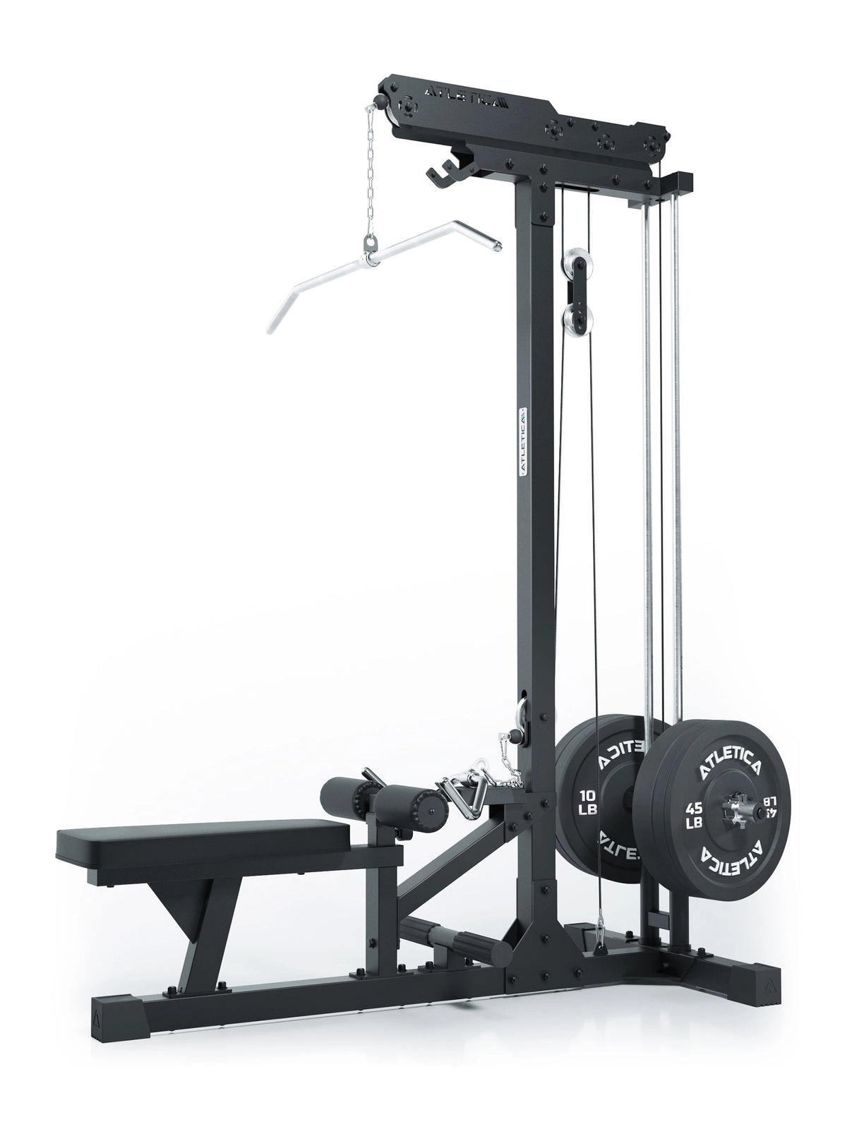 Lat Pulldown and Low Row Plate Loaded SET - Strength machine with lat pulldown, seated row, weight plates, padded bench