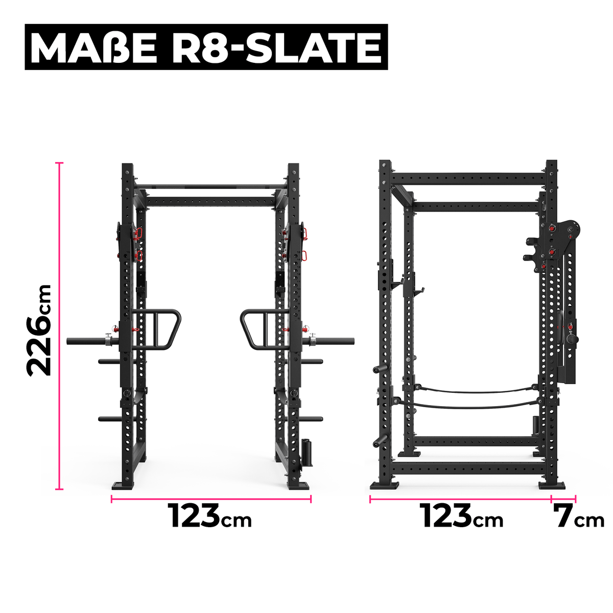 R8 Slate Power Rack with height and footprint in dimensional graphic