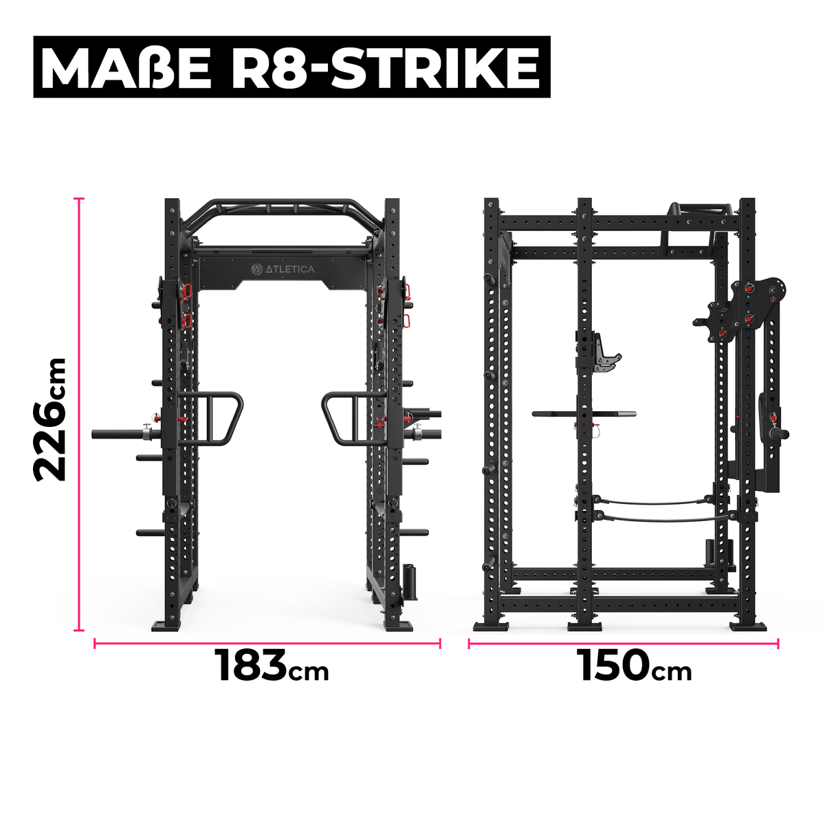 R8 Strike Power Rack with height, width and depth in dimension graphic