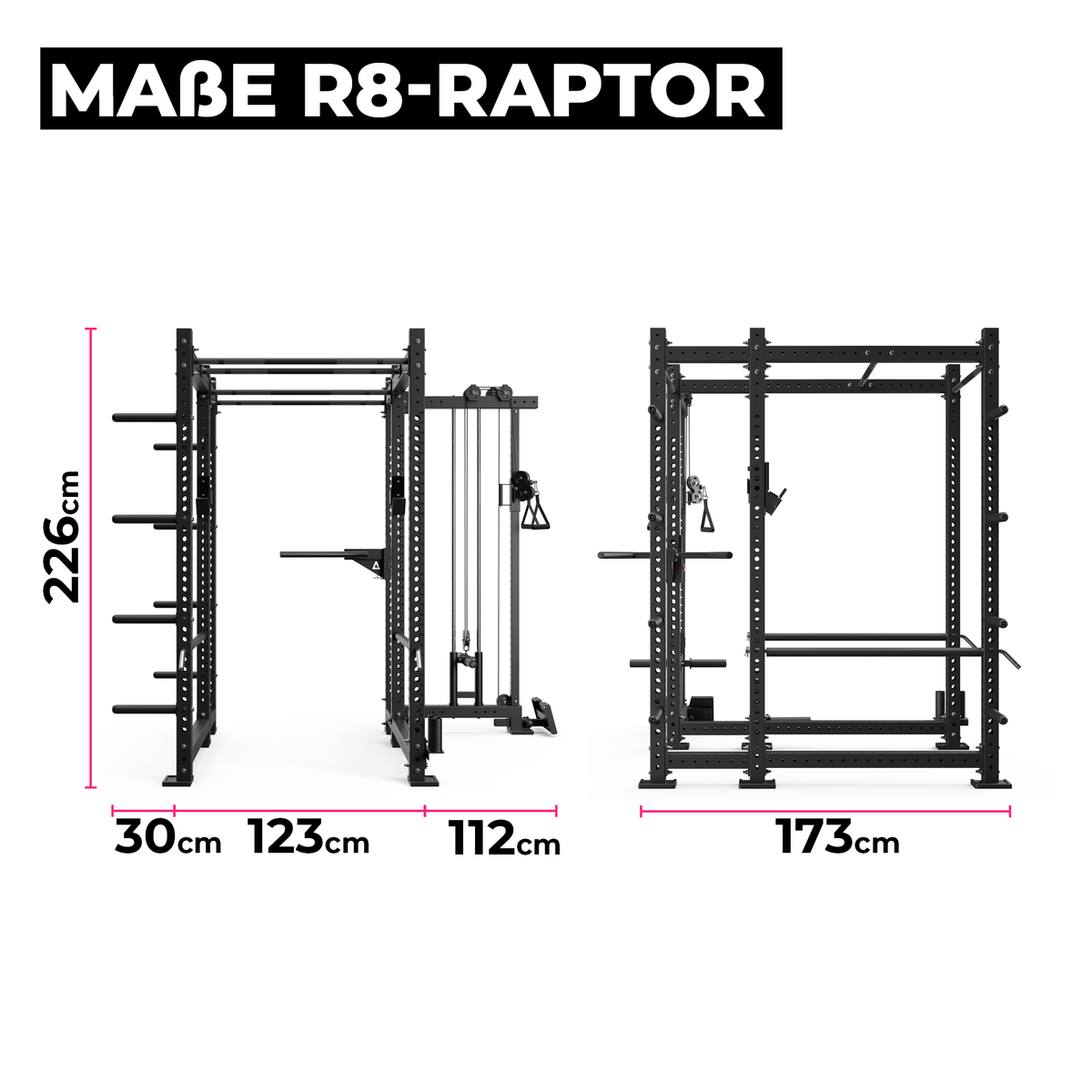R8 Raptor PRO - Power Rack with lat pulldown, pull-up bar, weight plate holders, dimensions indicated