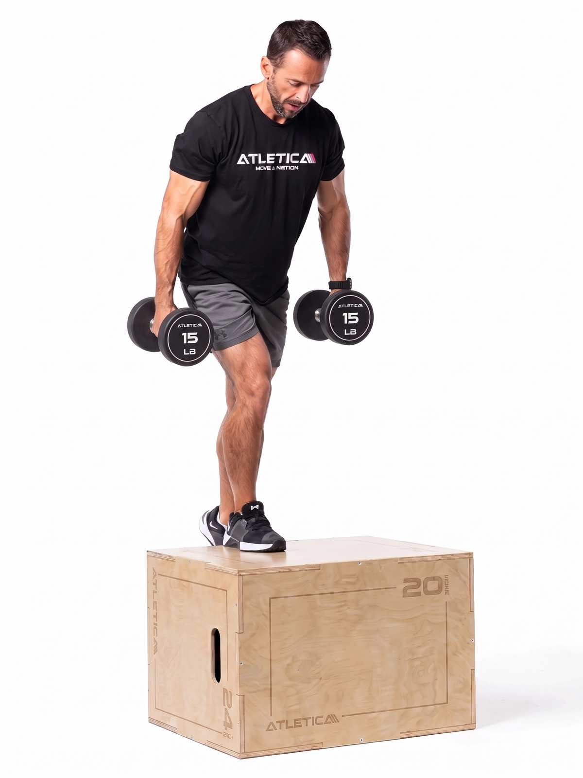 Plyo Box jump box Classic - step-up with dumbbells on a wooden box