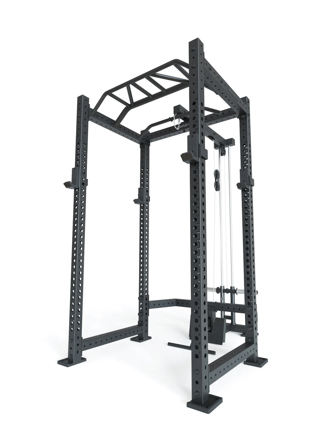 Atletica R8 BlackHawk - Black power rack with pull-up bar, cable pulley, weight plate holders