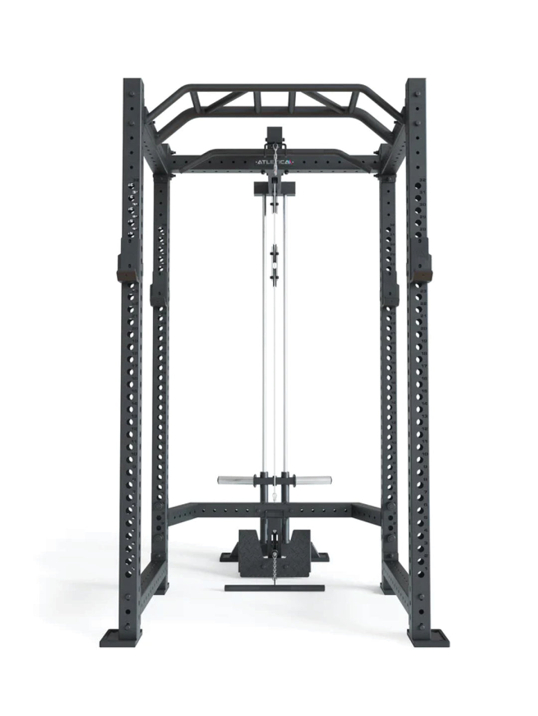 Atletica R8 BlackHawk power rack with lat pulley, front view