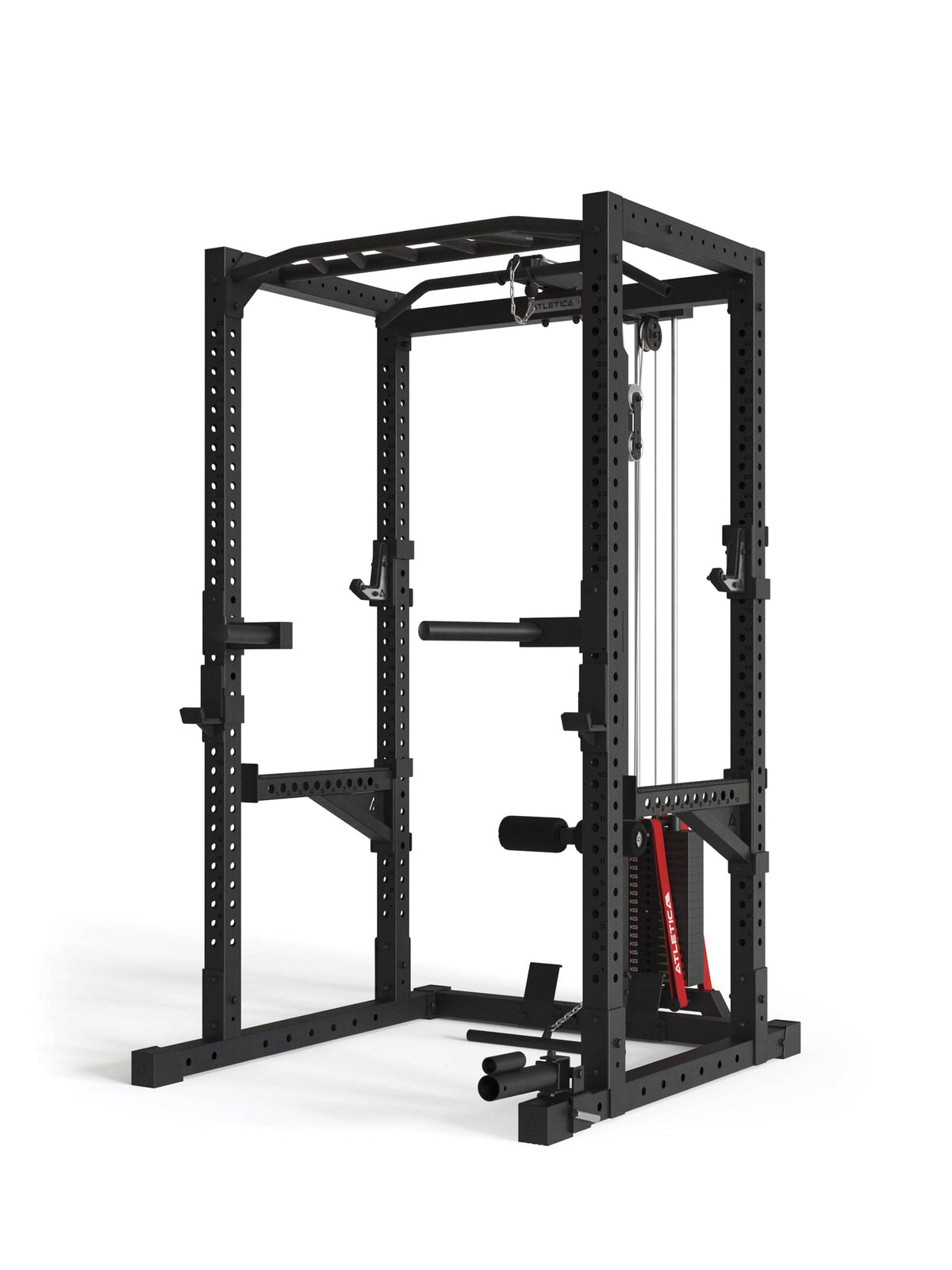 Atletica R7 Base power rack with weight stack, lower height, angled front view