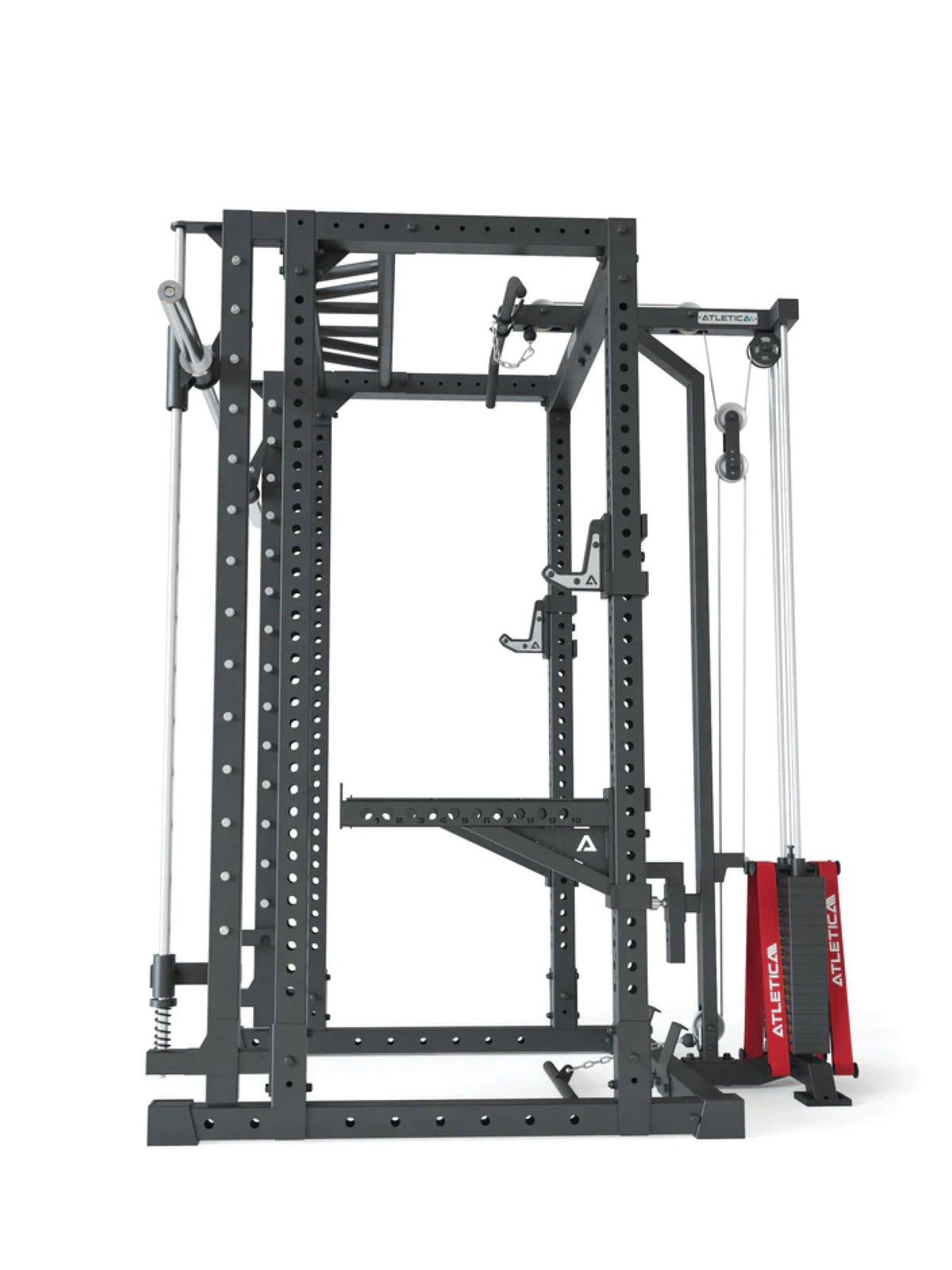 R7-Daemon Power Rack side view with lat pulldown module and weight stack in black design