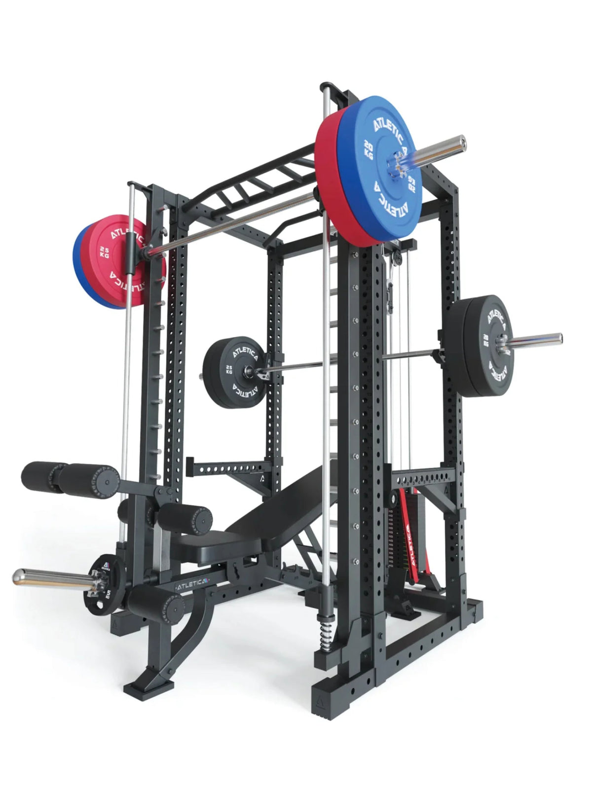 Power Rack R7-Daemon with weight plates and Barbell as well as integrated Smith Machine and Lat Pulldown
