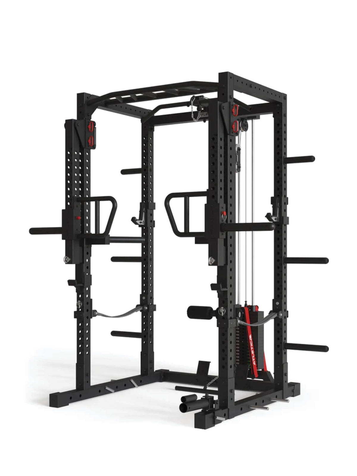 Atletica R7 Helix power rack with dip handles and weight stack, angled front view