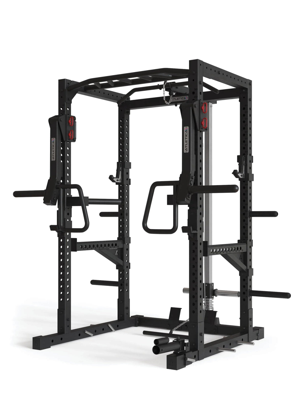R7-Kano Power Rack – front view with lat pulldown, Jammer Arms and J-Hooks