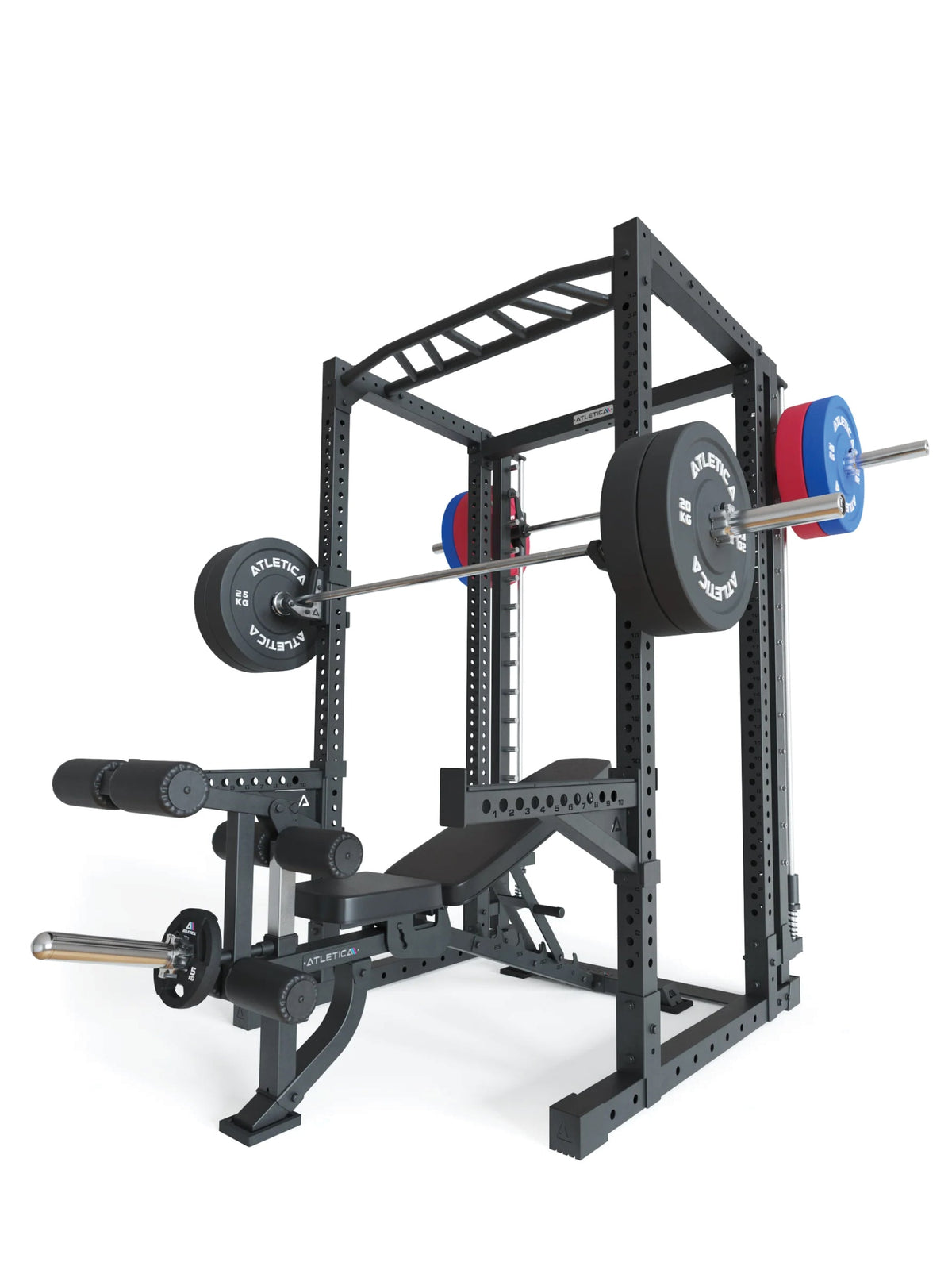 R7-Reeve Power Rack 80" – with weight bench and barbell with Bumper Plates on the rack, for bench press, shoulder press and squats