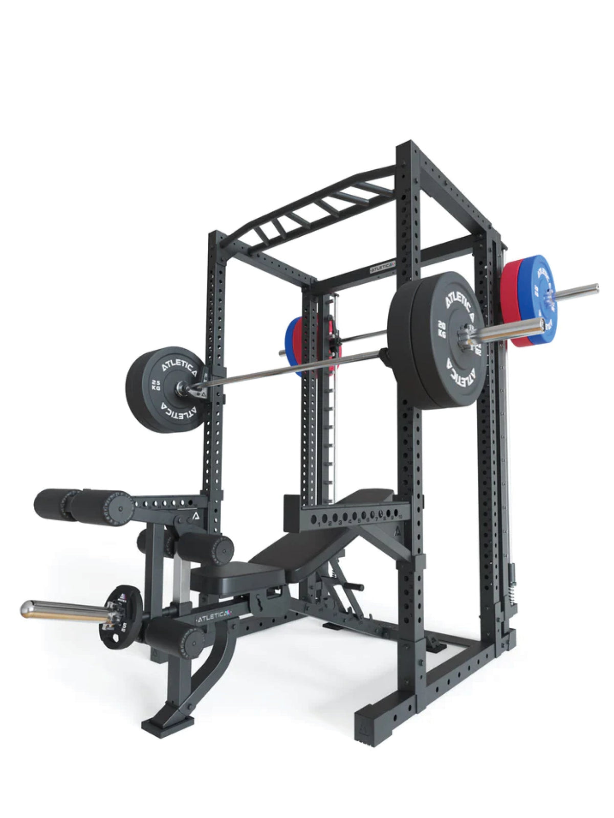 R7-Reeve Power Rack 88" with Weight Bench, Barbell with Bumper Plates on the rack – for squats, bench press and pull-ups