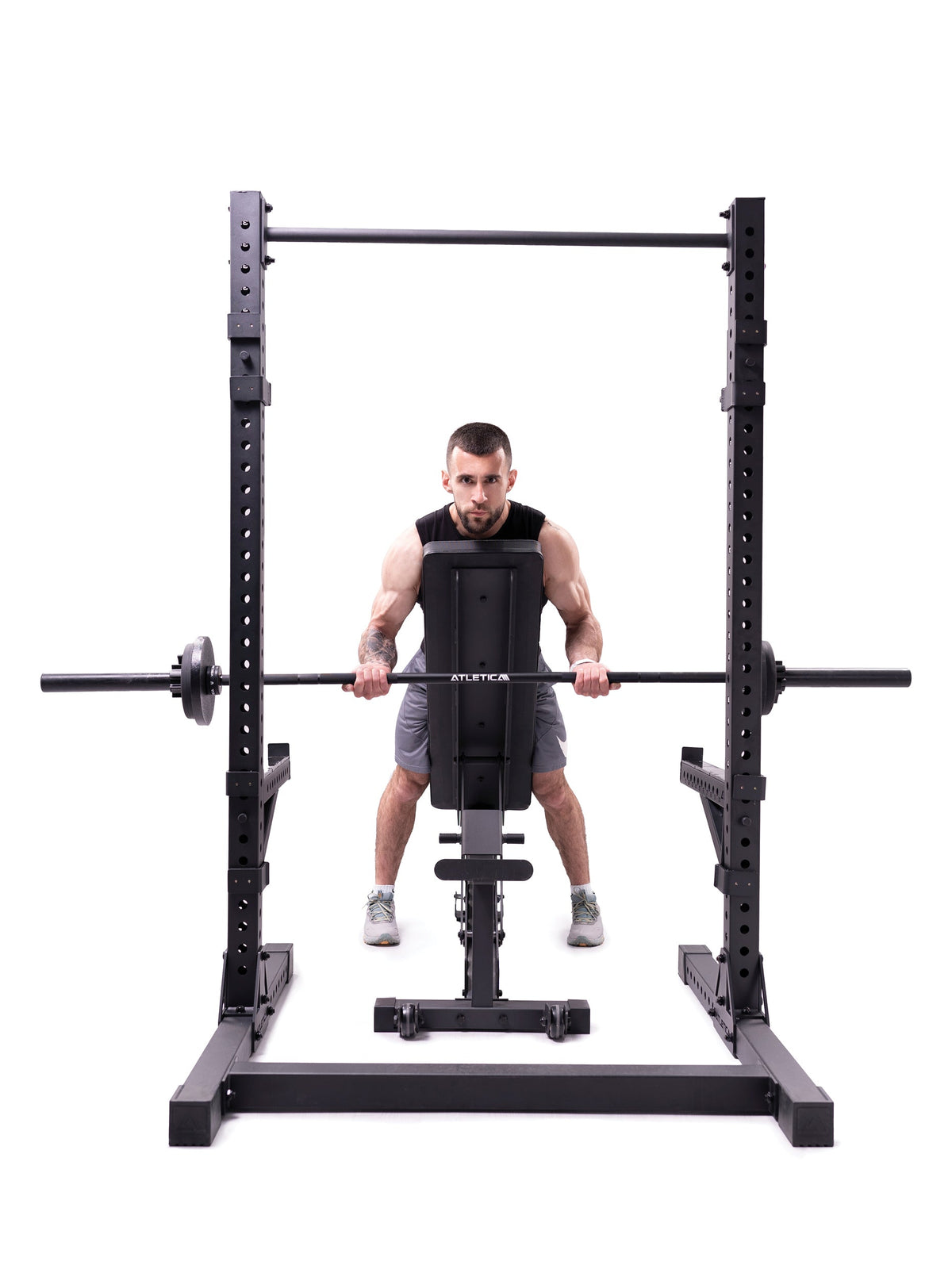 R7 Squat Rack with Weight Bench during rowing in 80" version – for squats, bench press and shoulder press