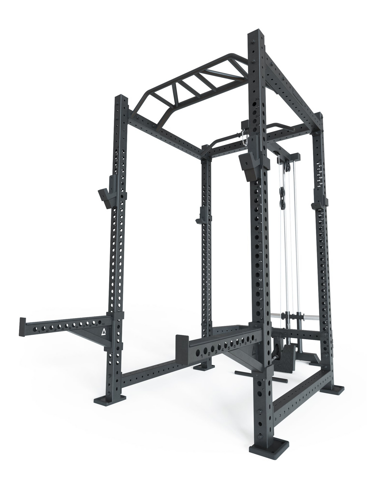 Atletica R8 series power rack with multi-grip pull-up bar and front arm attachment, angled view