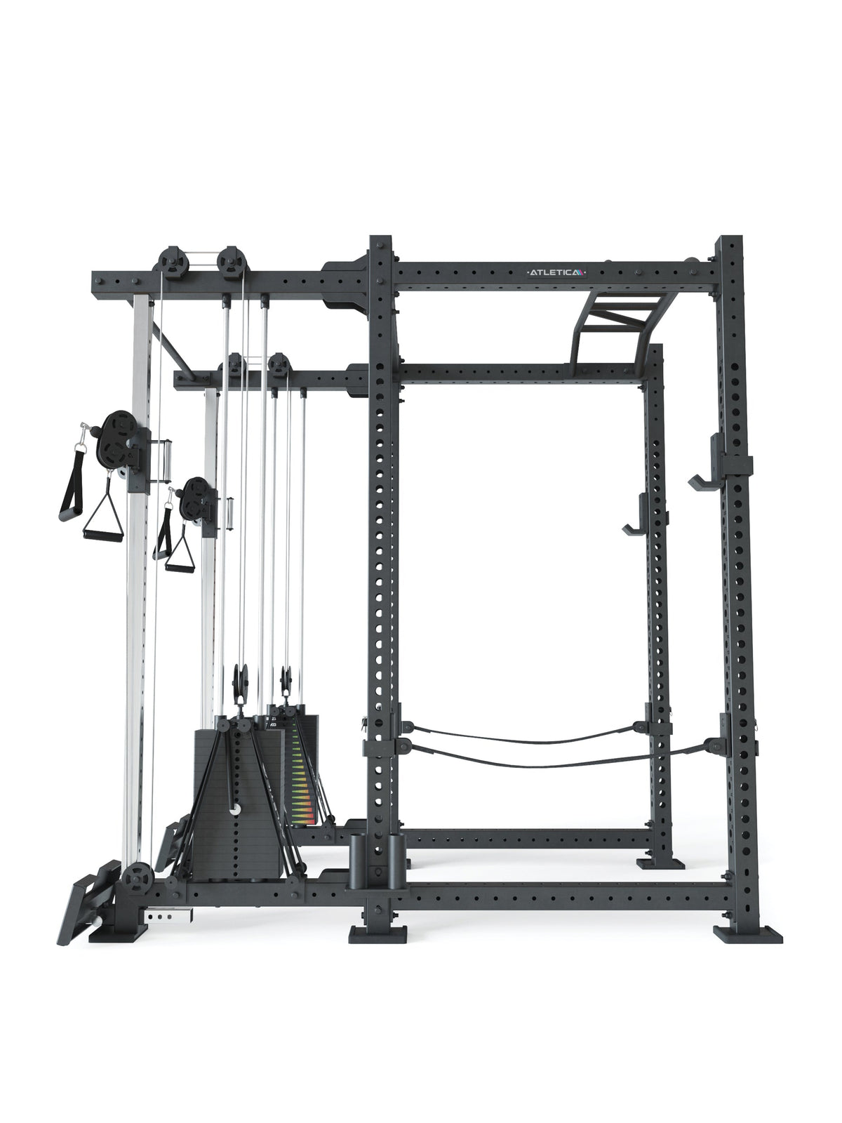 Atletica R8 Duality PRO power rack, long, side view with weight stack